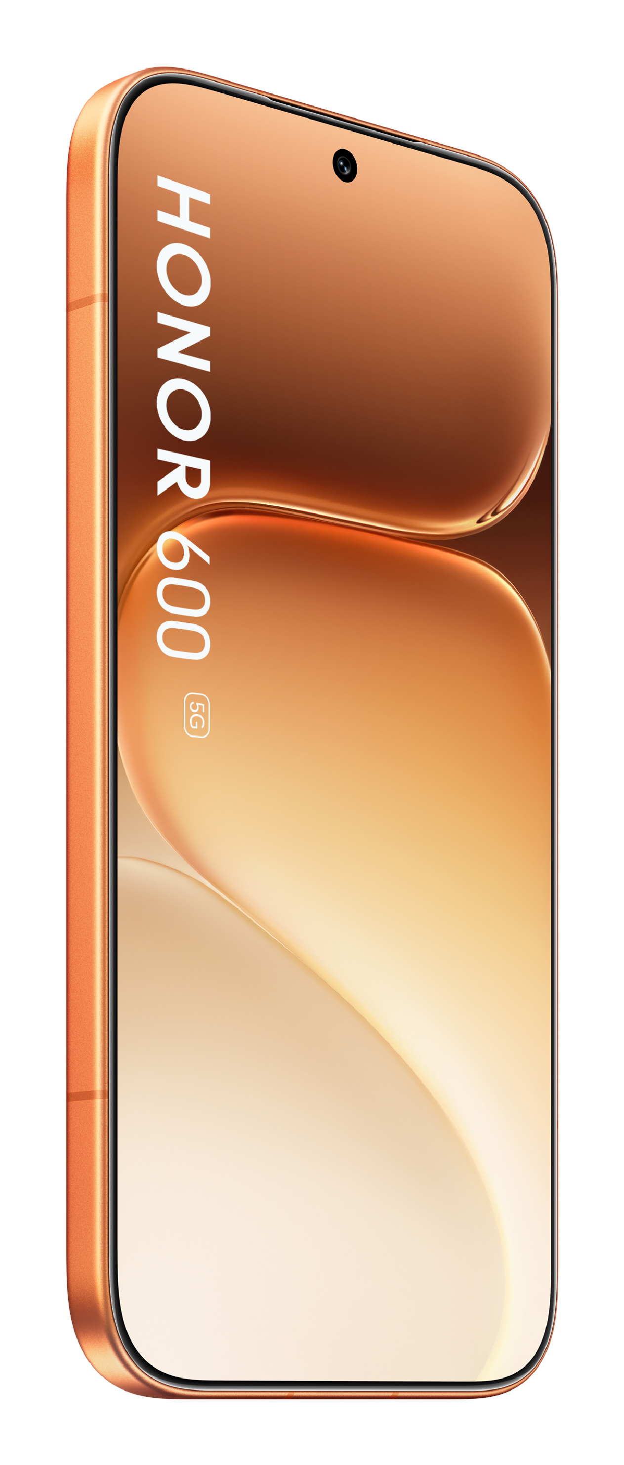 Ein orangefarbenes Honor 600 5G Smartphone in Schrägansicht mit abstrakter orangefarbener Tapete.
