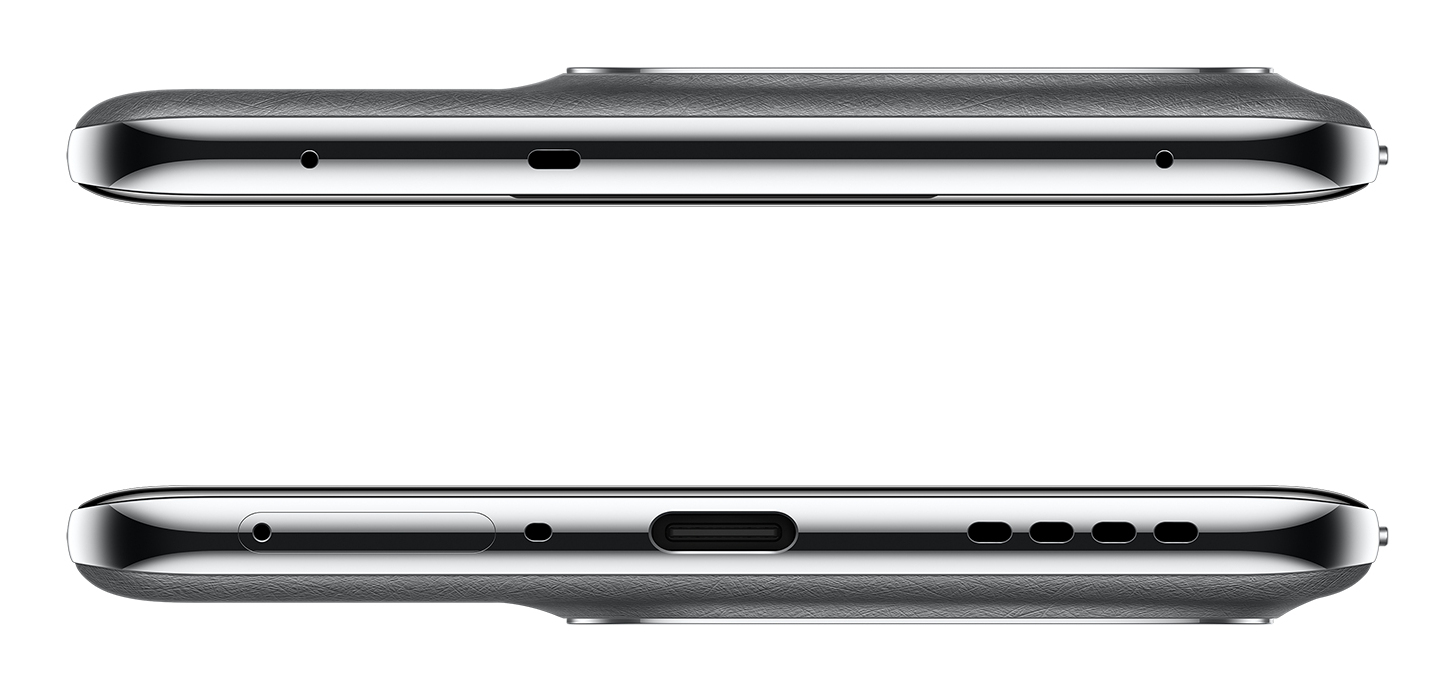 Lati superiore e inferiore di uno smartphone grigio con porte e altoparlanti.