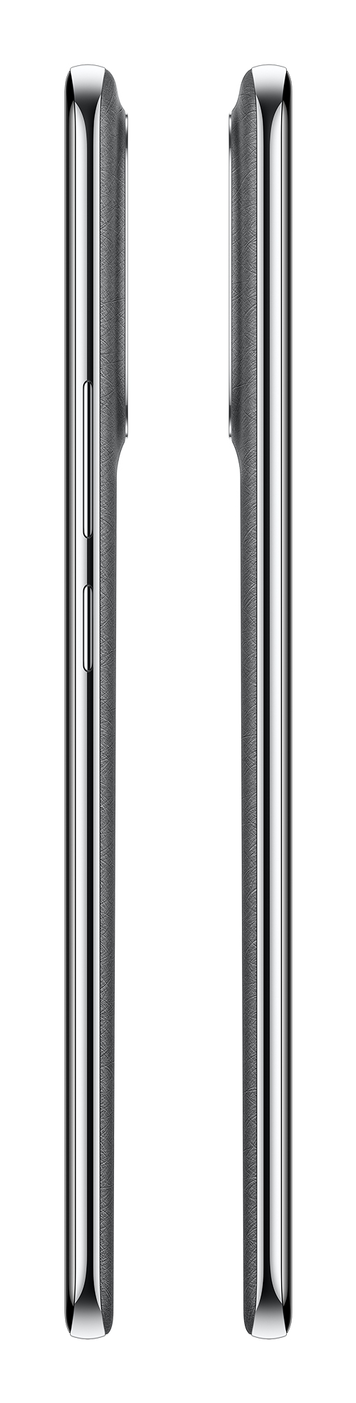 Due profili laterali di uno smartphone scuro con bordi metallici su sfondo bianco.