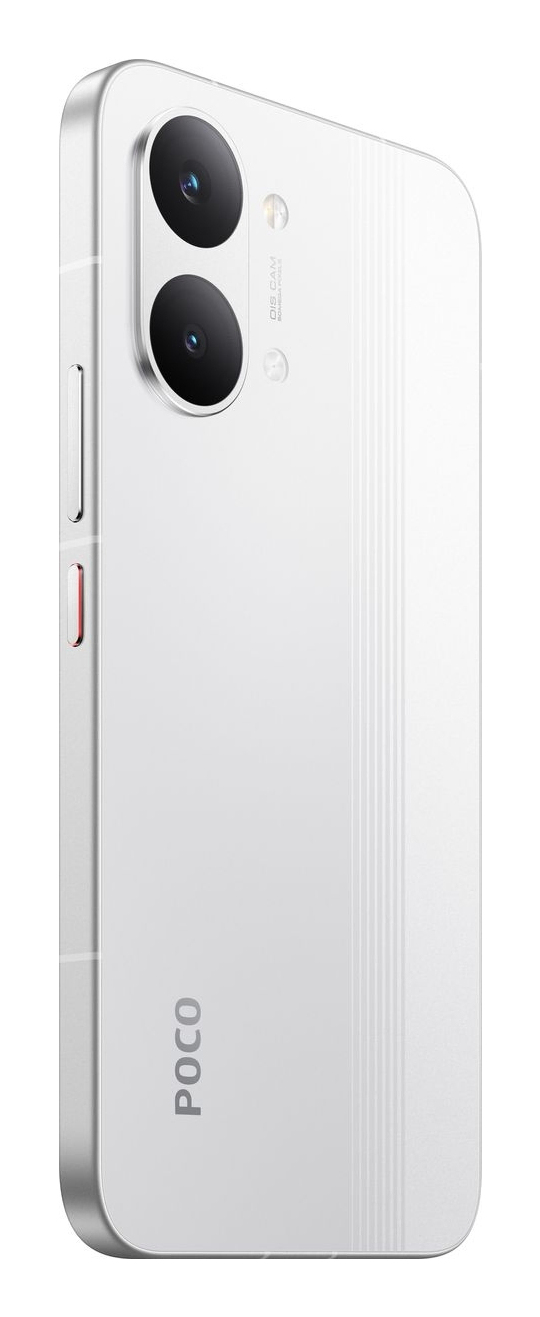 Retro di uno smartphone bianco con due fotocamere e il logo Poco.