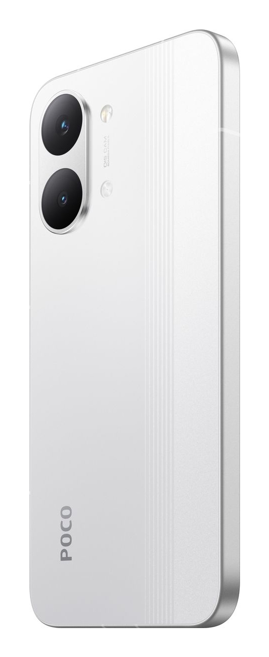 Retro di uno smartphone POCO bianco con due fotocamere verticali e sottili strisce a destra.