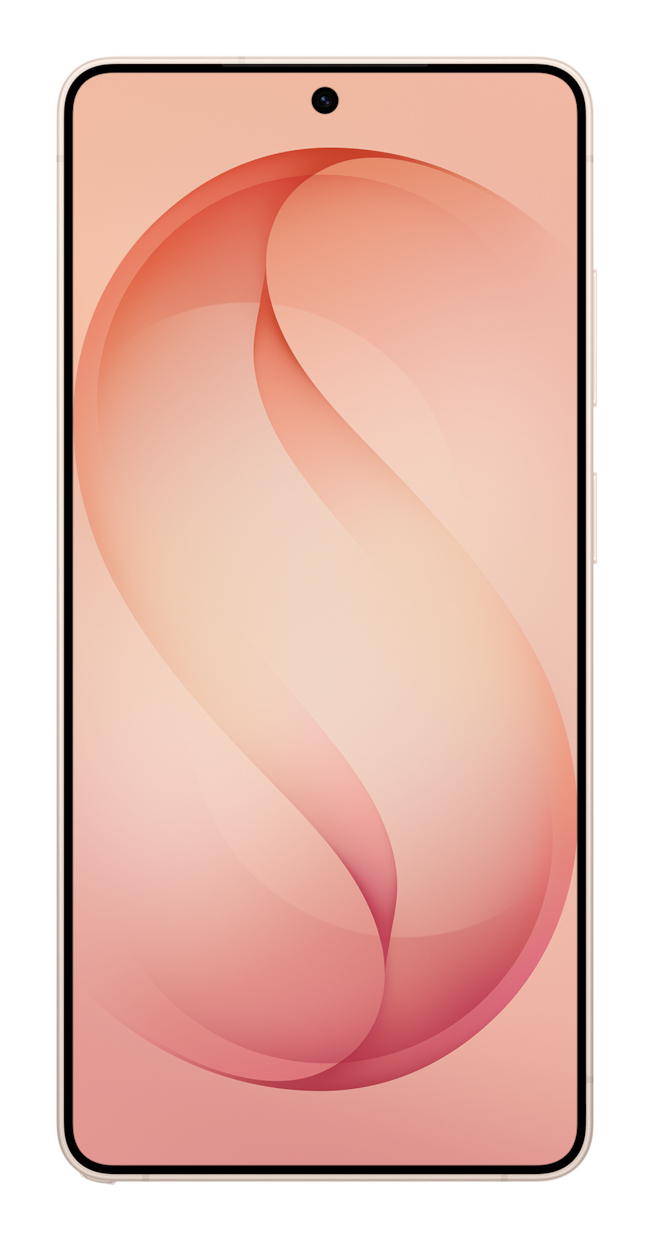 Ein Smartphone mit dünnem Rahmen zeigt ein abstraktes, rosafarbenes S-förmiges Hintergrundbild.
