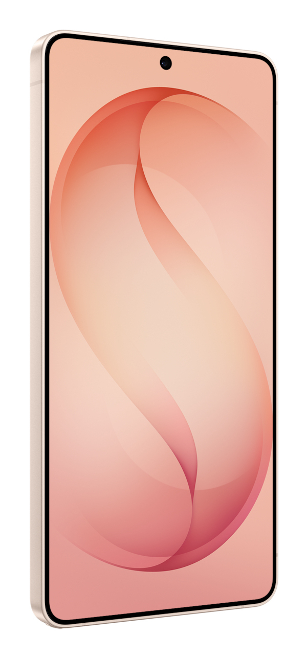 Ein Smartphone in Gold mit hellem Bildschirm zeigt ein abstraktes rotes Wirbelmuster auf peachfarbenem Grund.