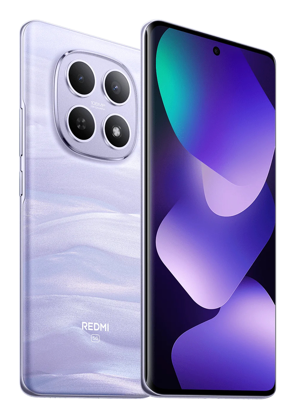 Uno smartphone Redmi 5G viola mostrato fronte e retro, con quattro fotocamere.