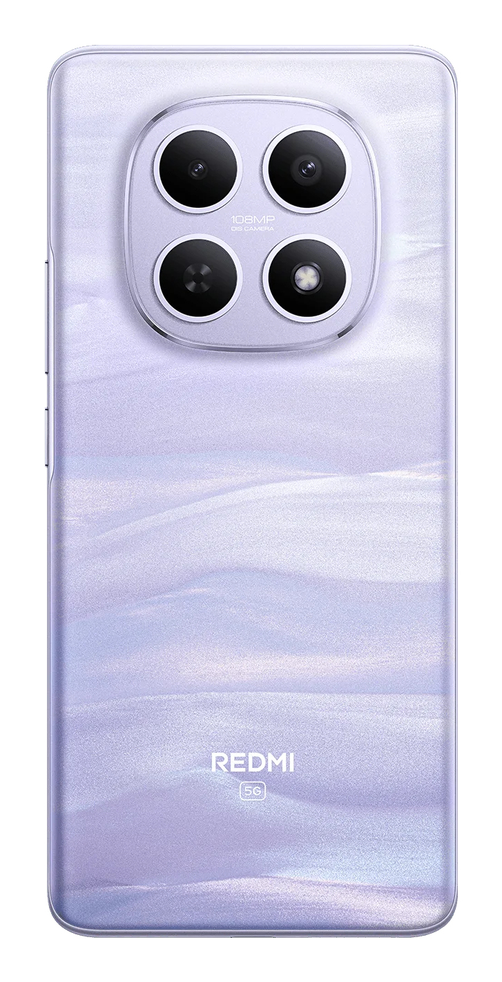 Retro di uno smartphone Redmi 5G viola con quattro obiettivi fotografici e logo.