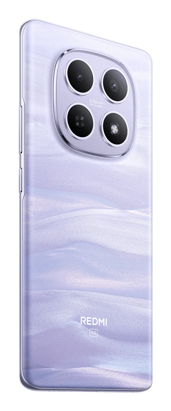 Retro di uno smartphone Redmi viola con quattro fotocamere in un modulo quadrato.