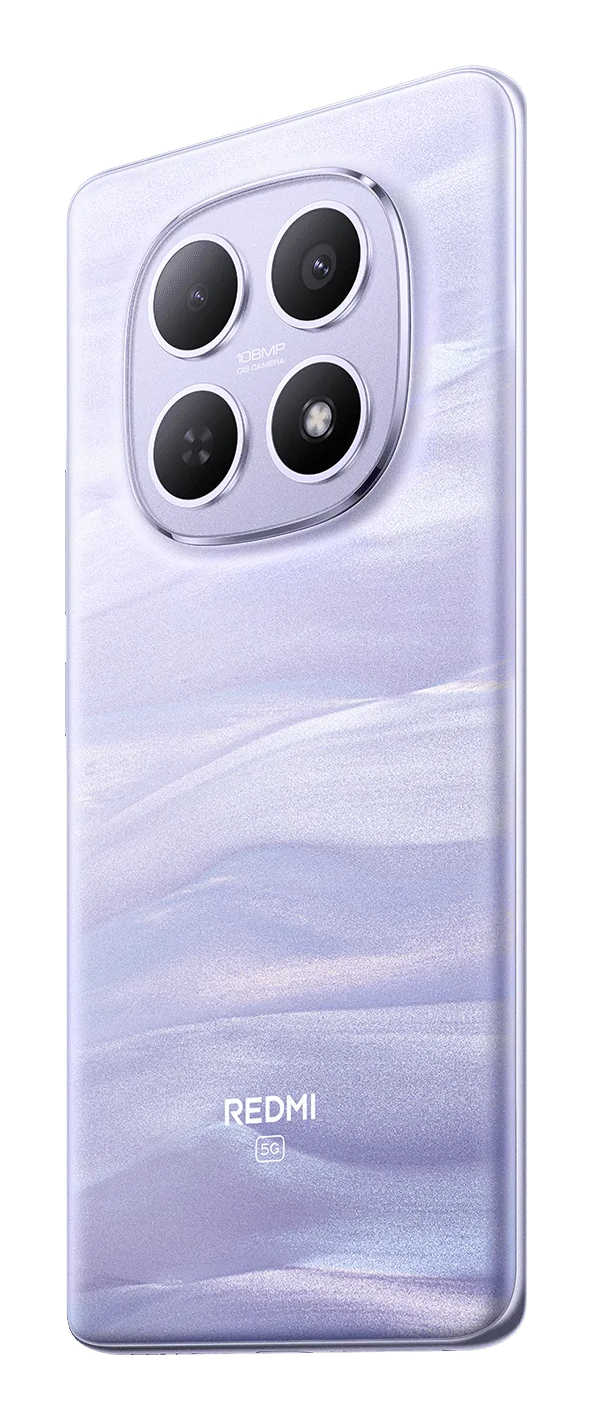 Il retro di uno smartphone viola chiaro con un modulo a quattro fotocamere e il logo Redmi.