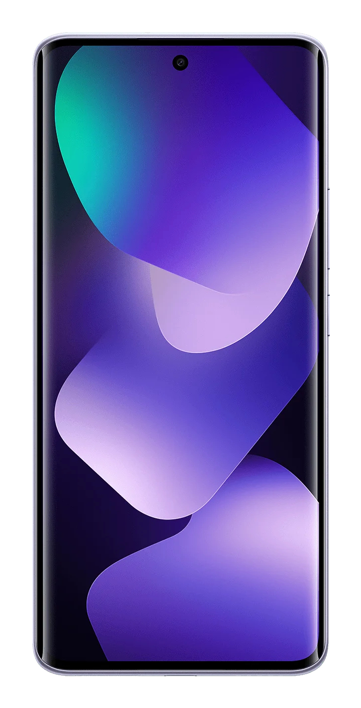 Uno smartphone con schermo curvo che mostra uno sfondo astratto viola e verde.