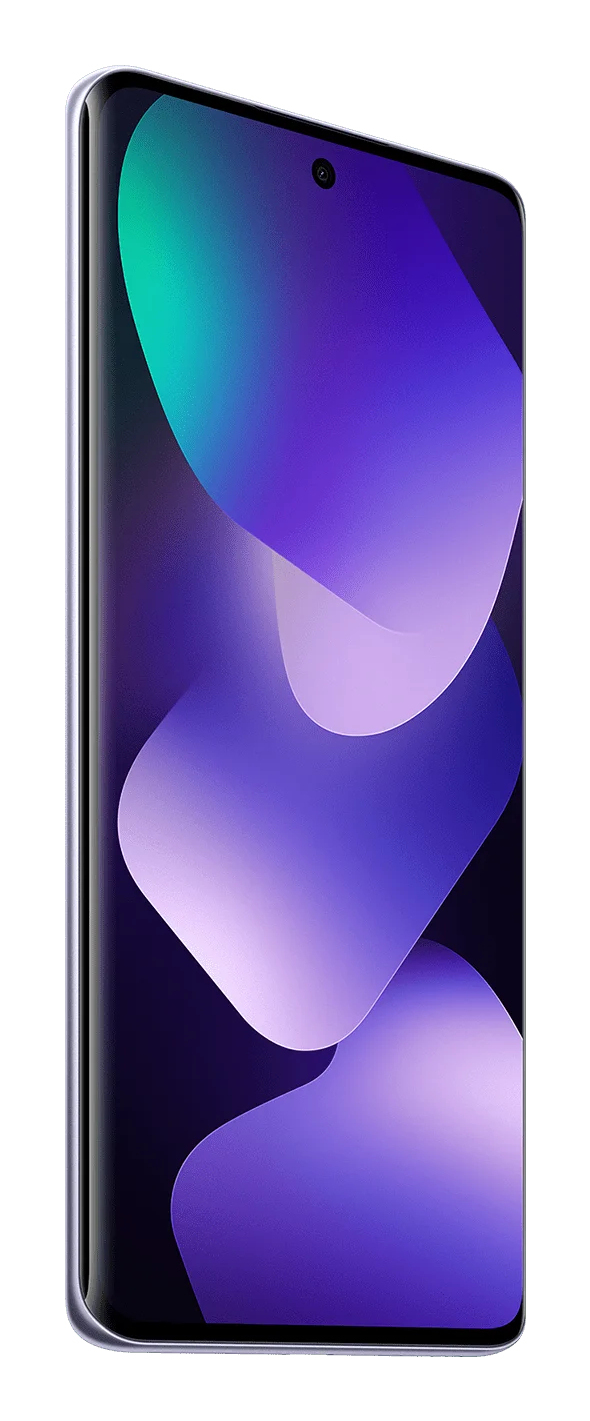 Uno smartphone inclinato a sinistra mostra uno sfondo astratto con forme viola e verdi.