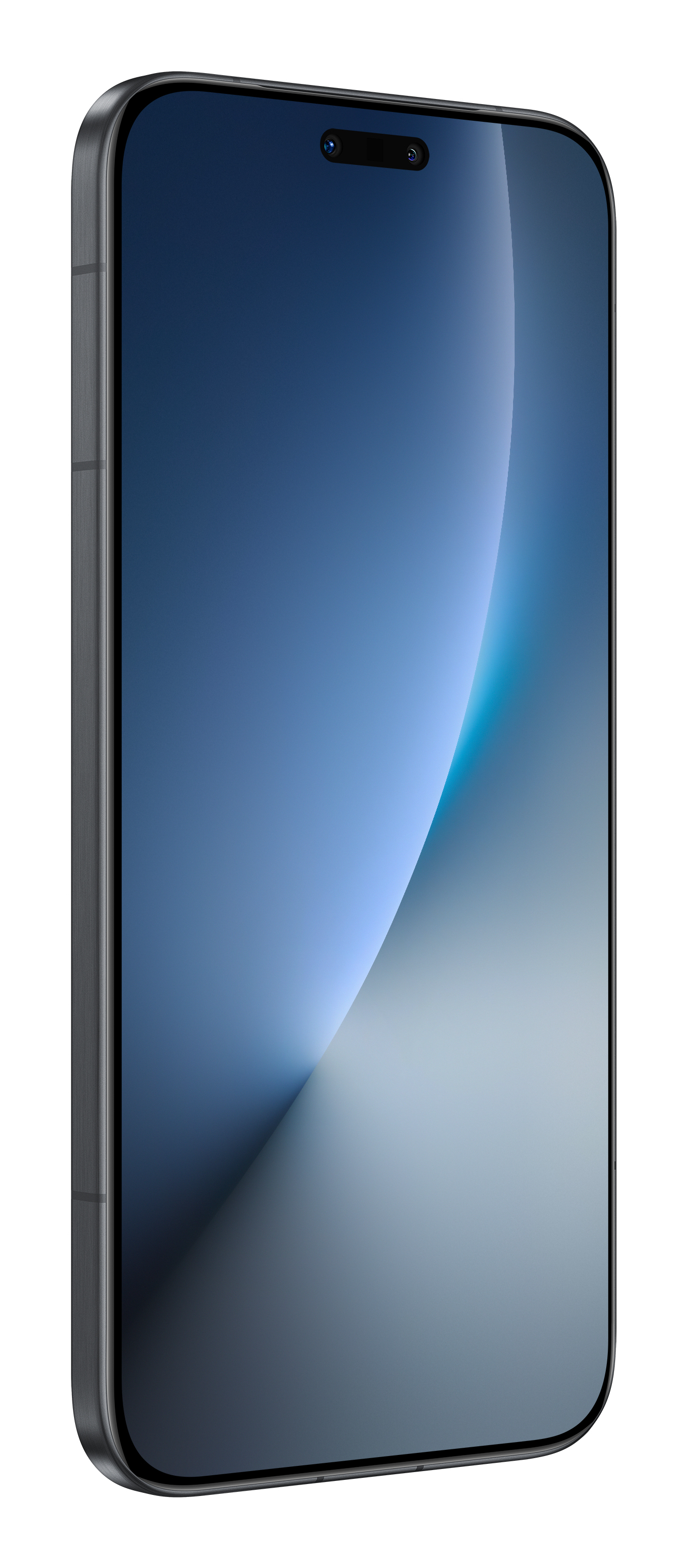 Uno smartphone scuro ed elegante in vista angolata con uno sfondo astratto blu.