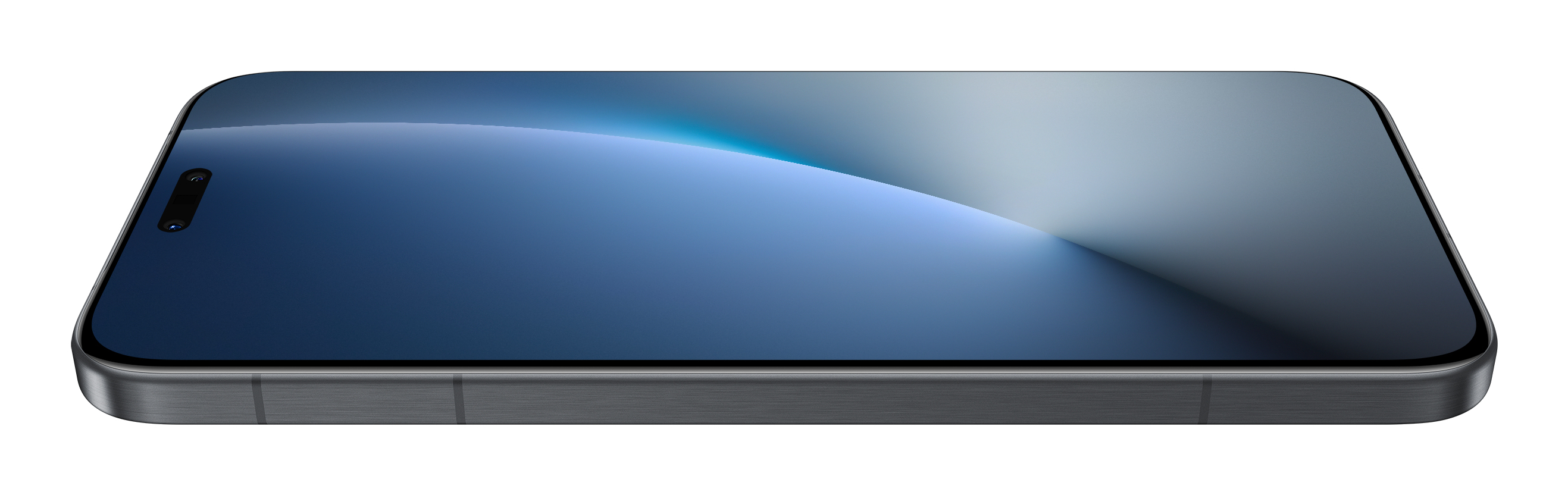 Uno smartphone è piatto su uno sfondo bianco con uno sfondo dello schermo blu.