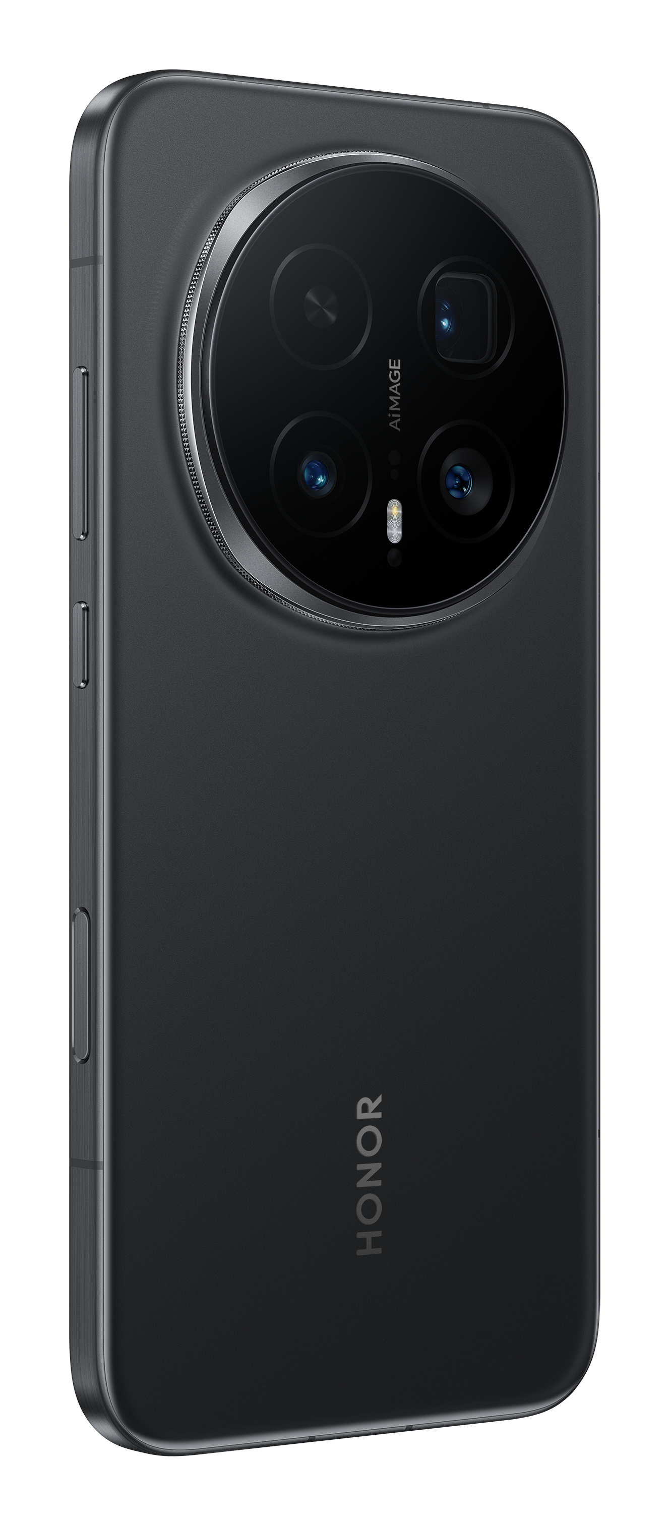 Retro di uno smartphone Honor nero con un grande modulo fotocamera rotondo e pulsanti laterali.