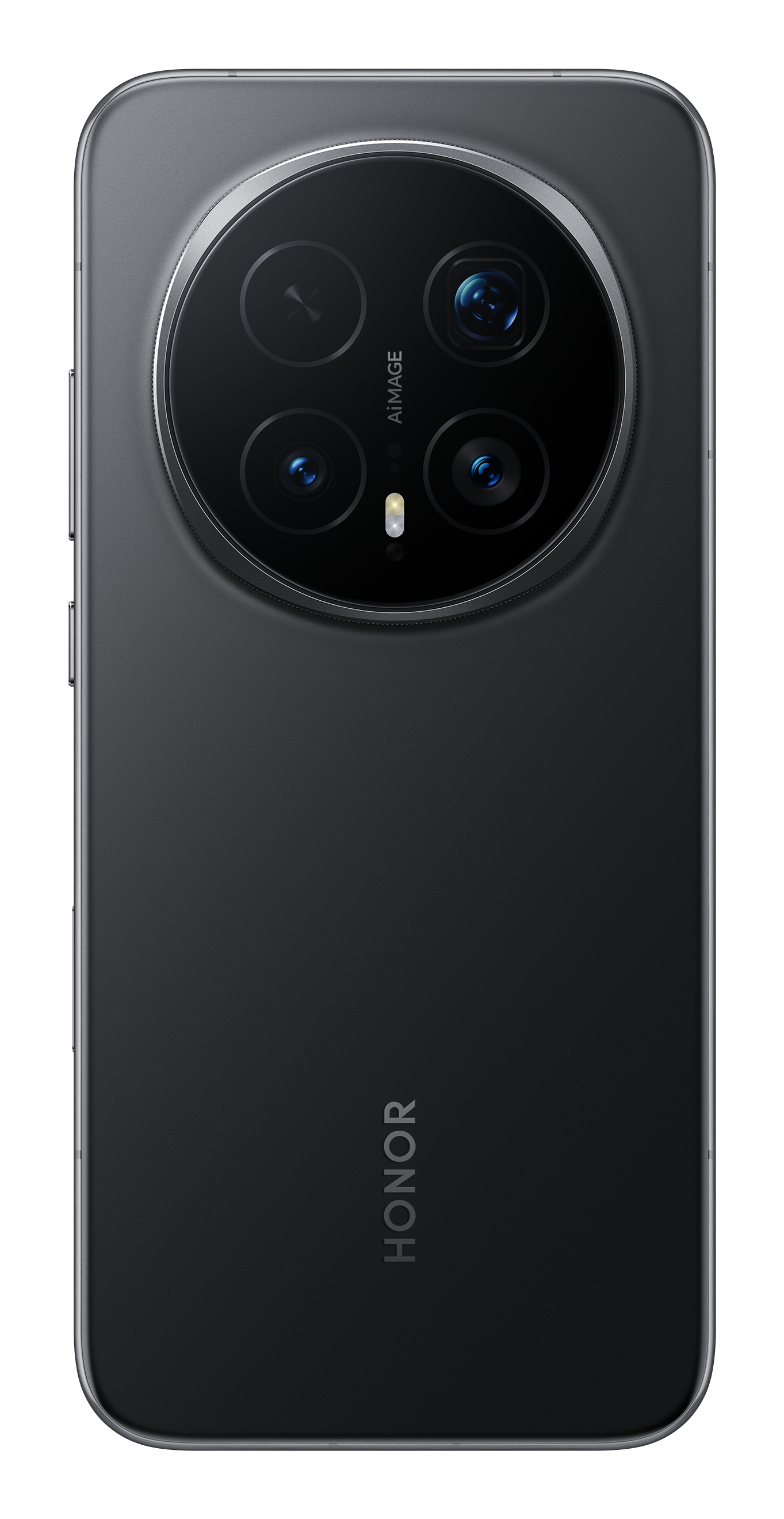 Retro di uno smartphone Honor nero con un grande modulo fotocamera circolare e quattro obiettivi.