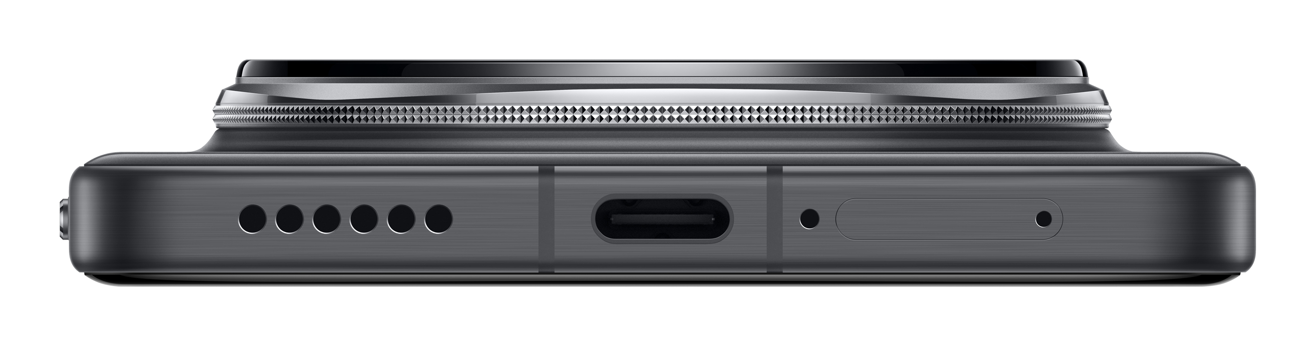 Vista inferiore di uno smartphone con altoparlante, porta USB-C, microfono e slot per scheda SIM.