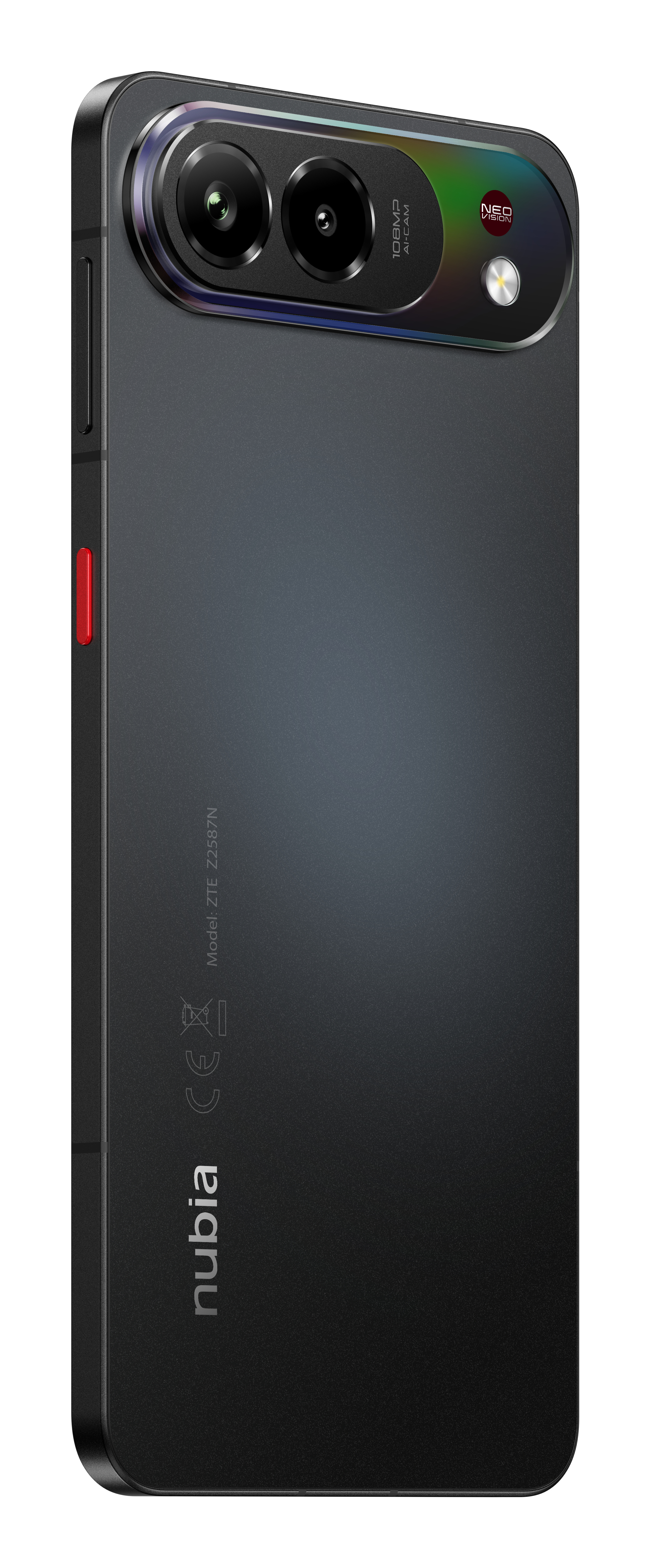Parte trasera de un smartphone Nubia negro con módulo de doble cámara y botón rojo.