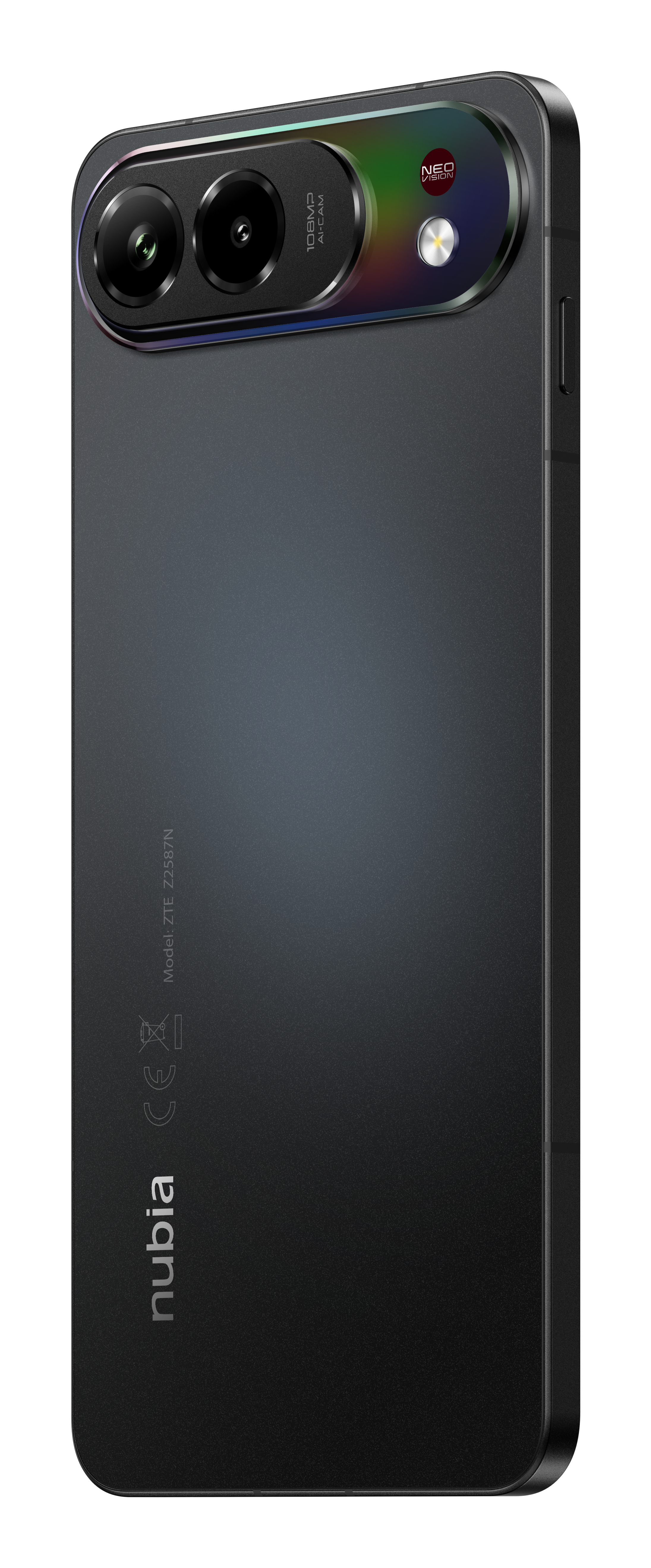 Vista trasera de un smartphone Nubia negro con dos cámaras y un anillo de cámara colorido.