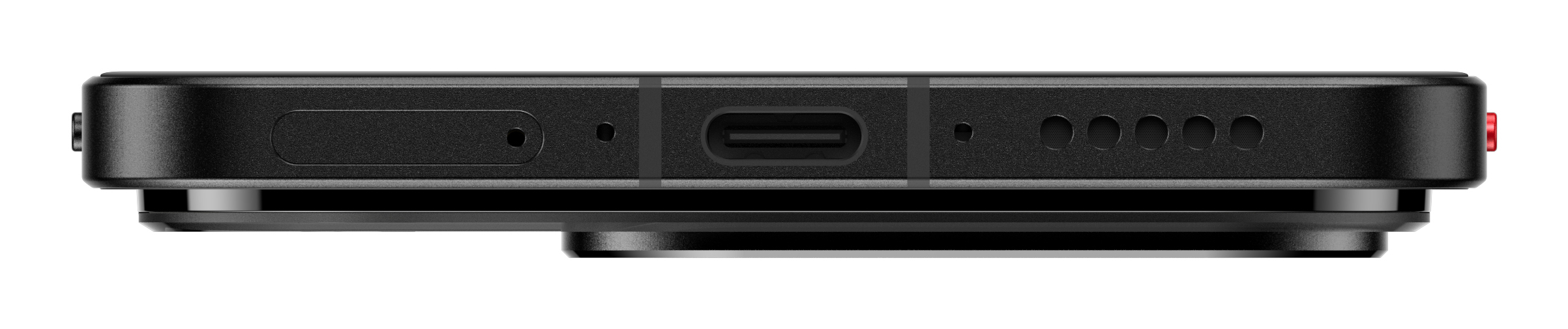 Vista inferior de un smartphone negro con puerto USB-C, micrófono y rejillas de altavoz.