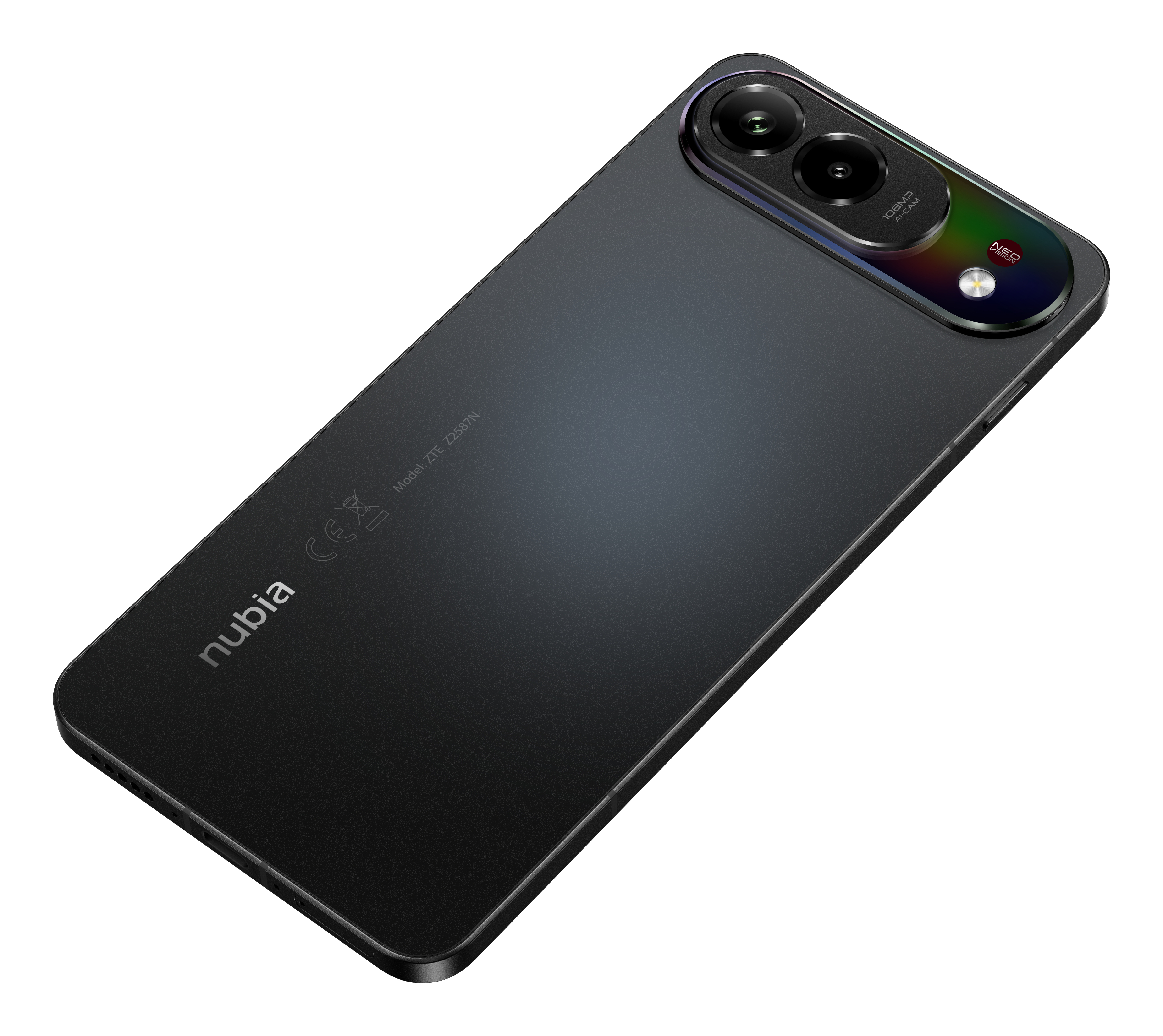 Parte trasera de un smartphone Nubia negro con dos cámaras alineadas verticalmente en un módulo alargado.