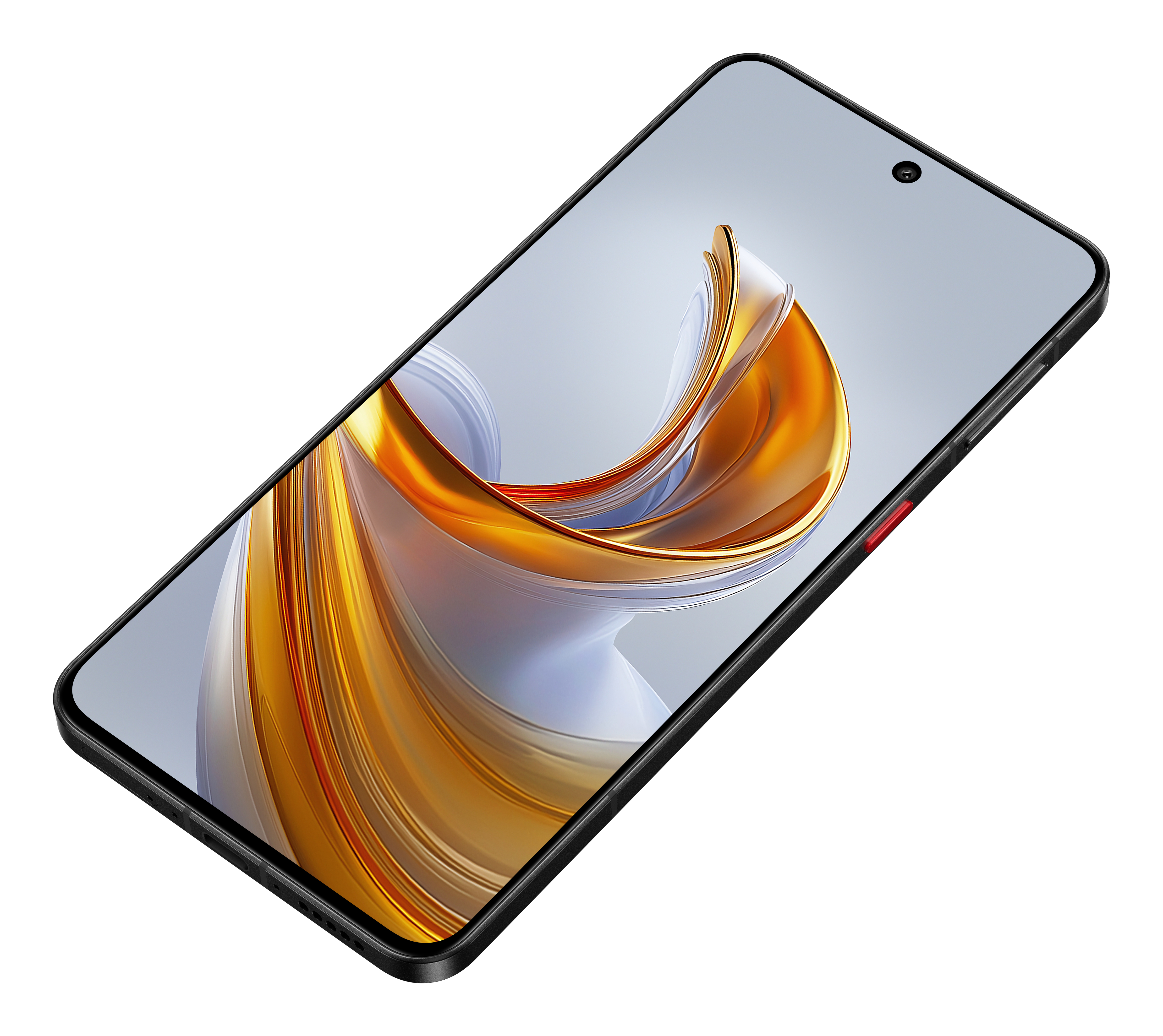 Un smartphone negro con bordes redondeados muestra un patrón abstracto de ondas doradas y blancas en su pantalla.
