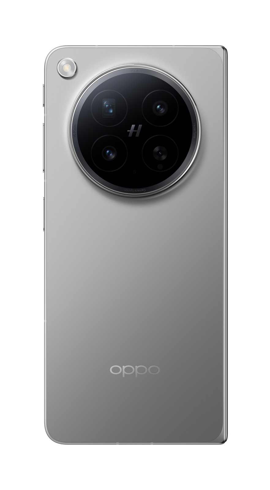 Retro di uno smartphone Oppo argento con un grande modulo fotocamera circolare a quattro lenti e flash.
