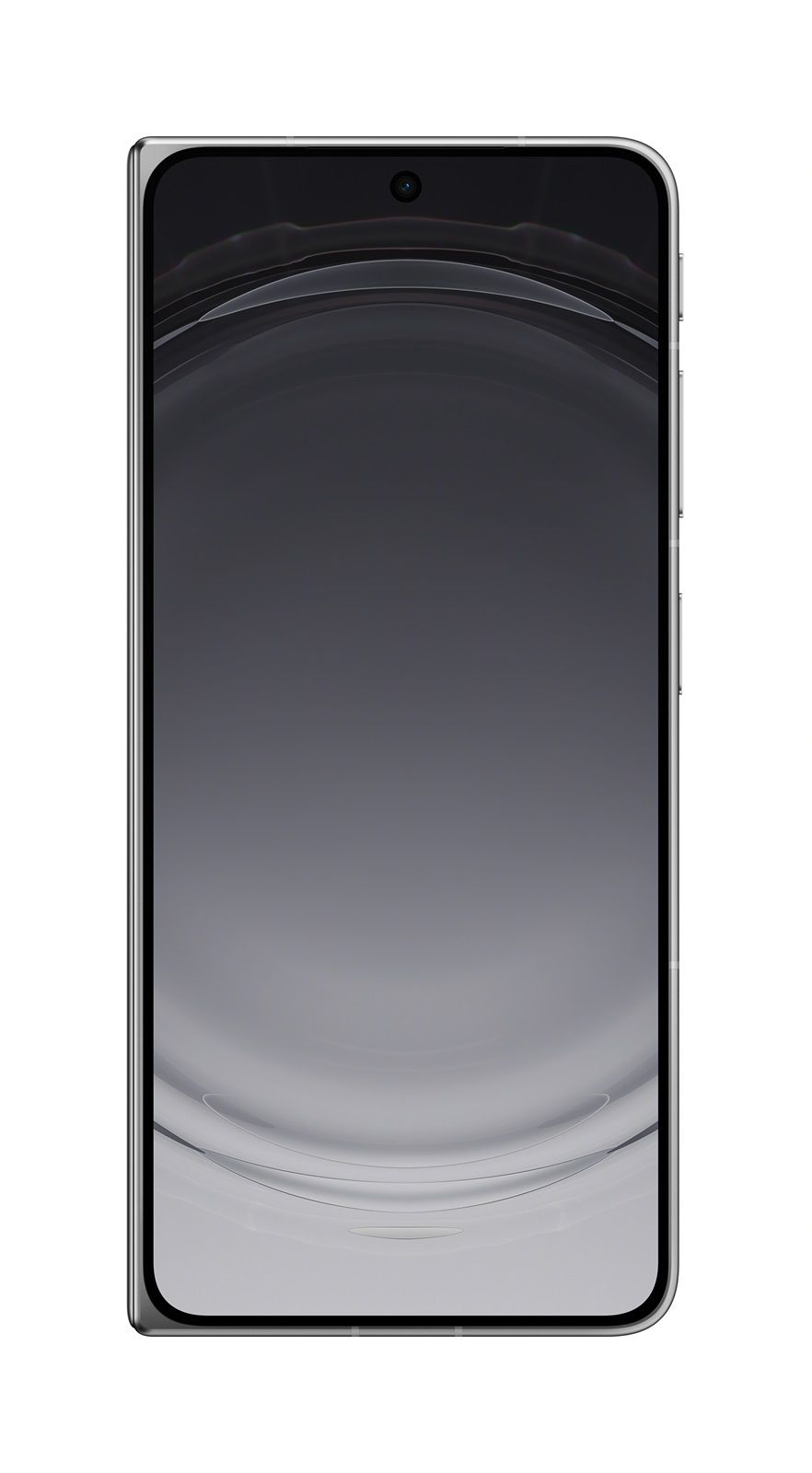 Uno smartphone con display senza bordi, fotocamera frontale in alto e sfondo grigio chiaro.