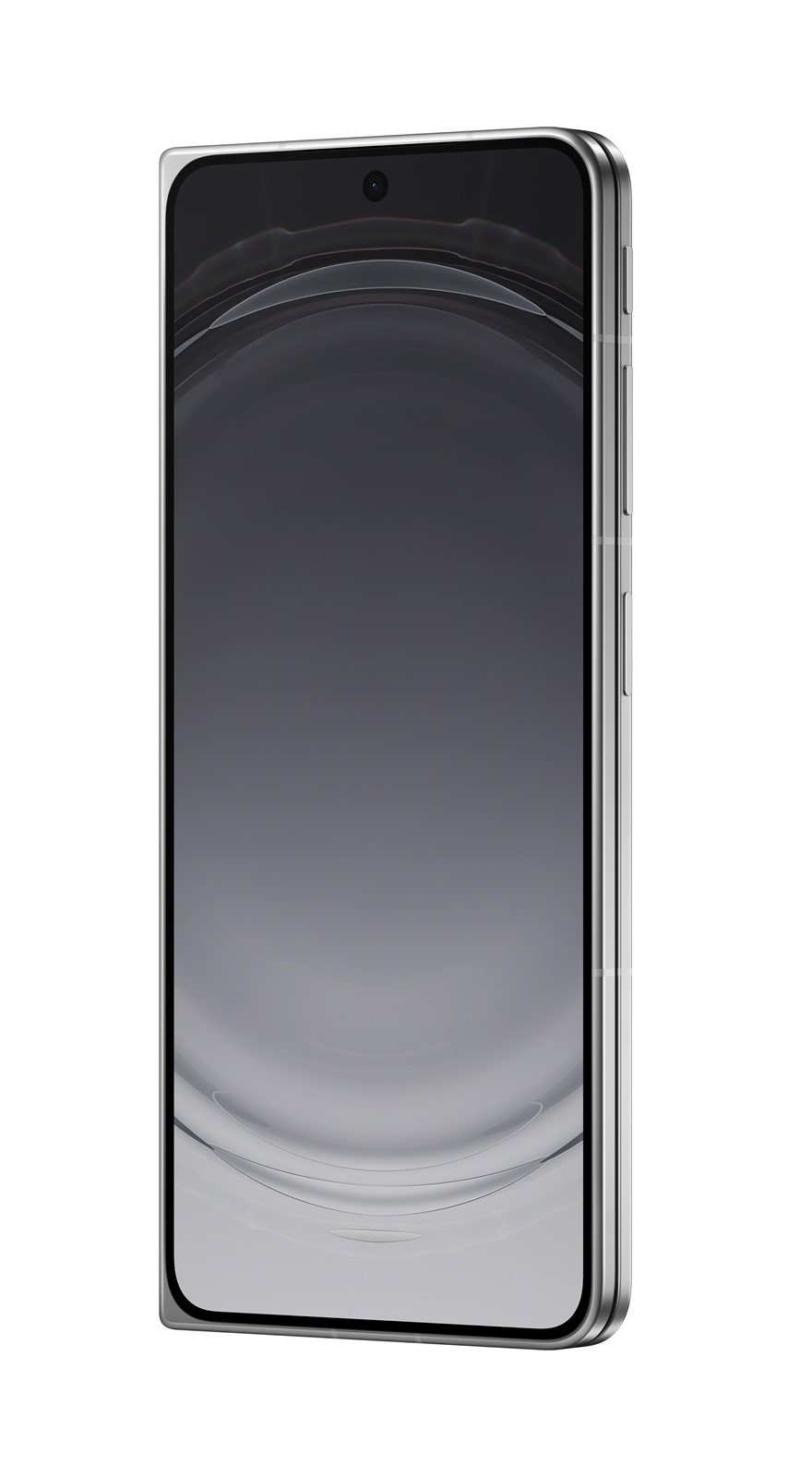 Uno smartphone argento con schermo scuro mostrato verticalmente su uno sfondo bianco.