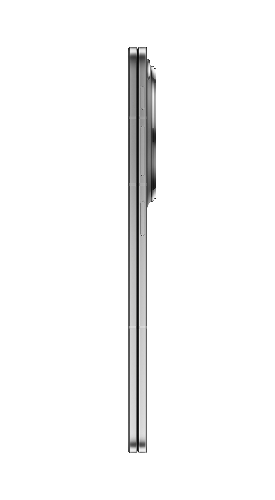 Vista laterale di uno smartphone grigio chiuso con modulo fotocamera e pulsanti.