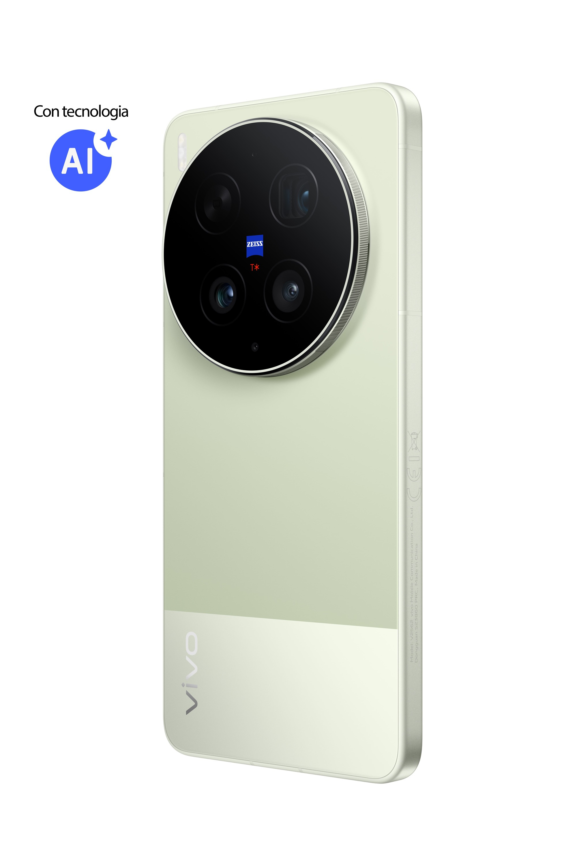 Rückseite eines hellgrünen Vivo-Smartphones mit großem runden Zeiss-Kamera-Modul und AI-Logo.