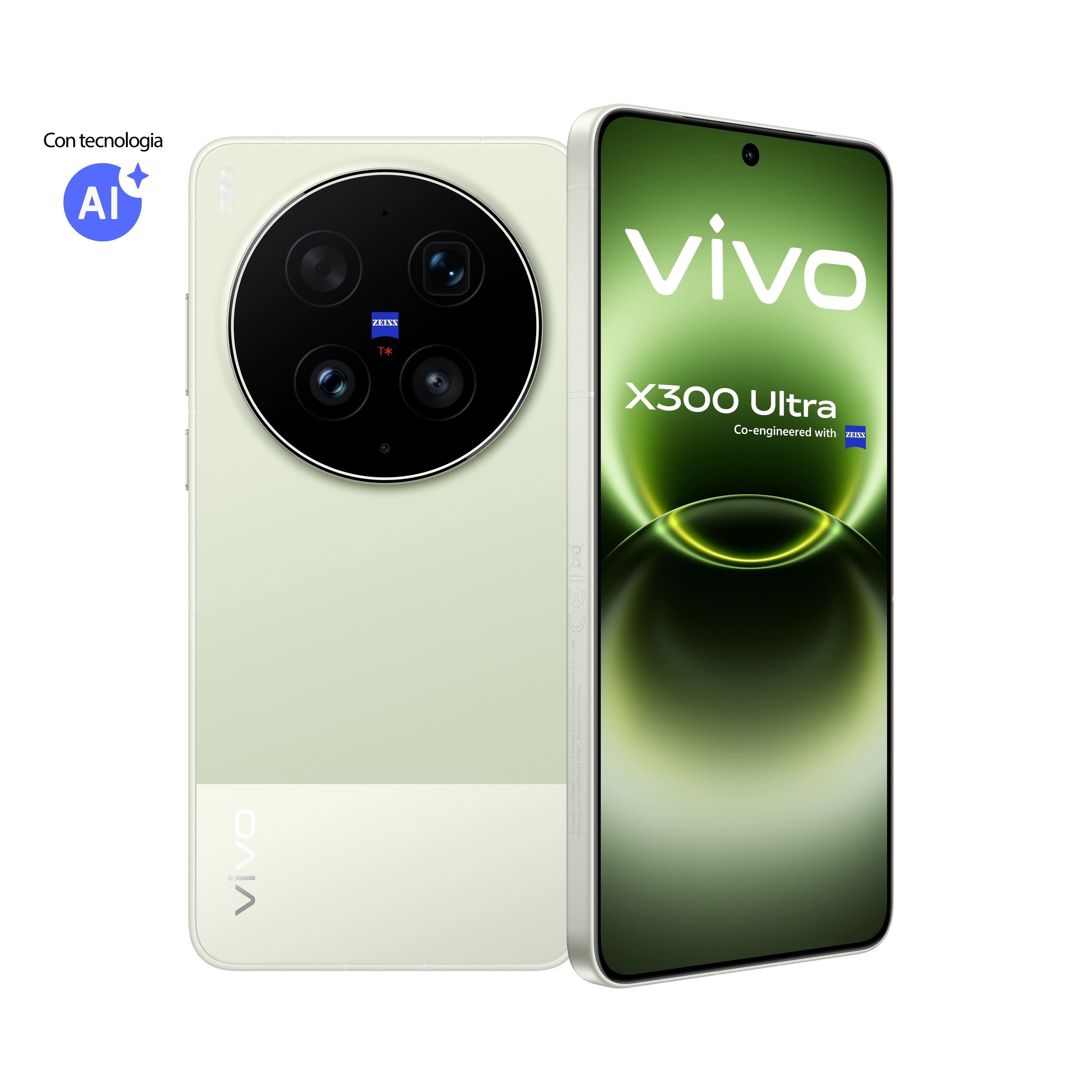 Front- und Rückansicht eines hellgrünen Vivo X300 Ultra Smartphones mit kreisrundem Kamera-Modul.