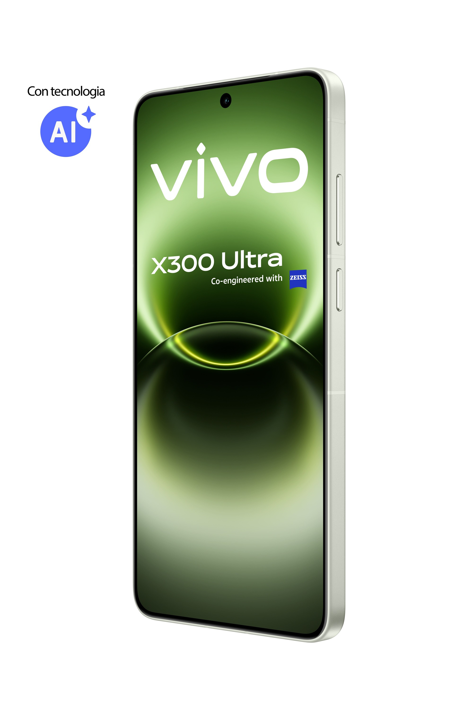 Ein weißes Vivo X300 Ultra Smartphone mit grünem Bildschirm und AI-Logo.