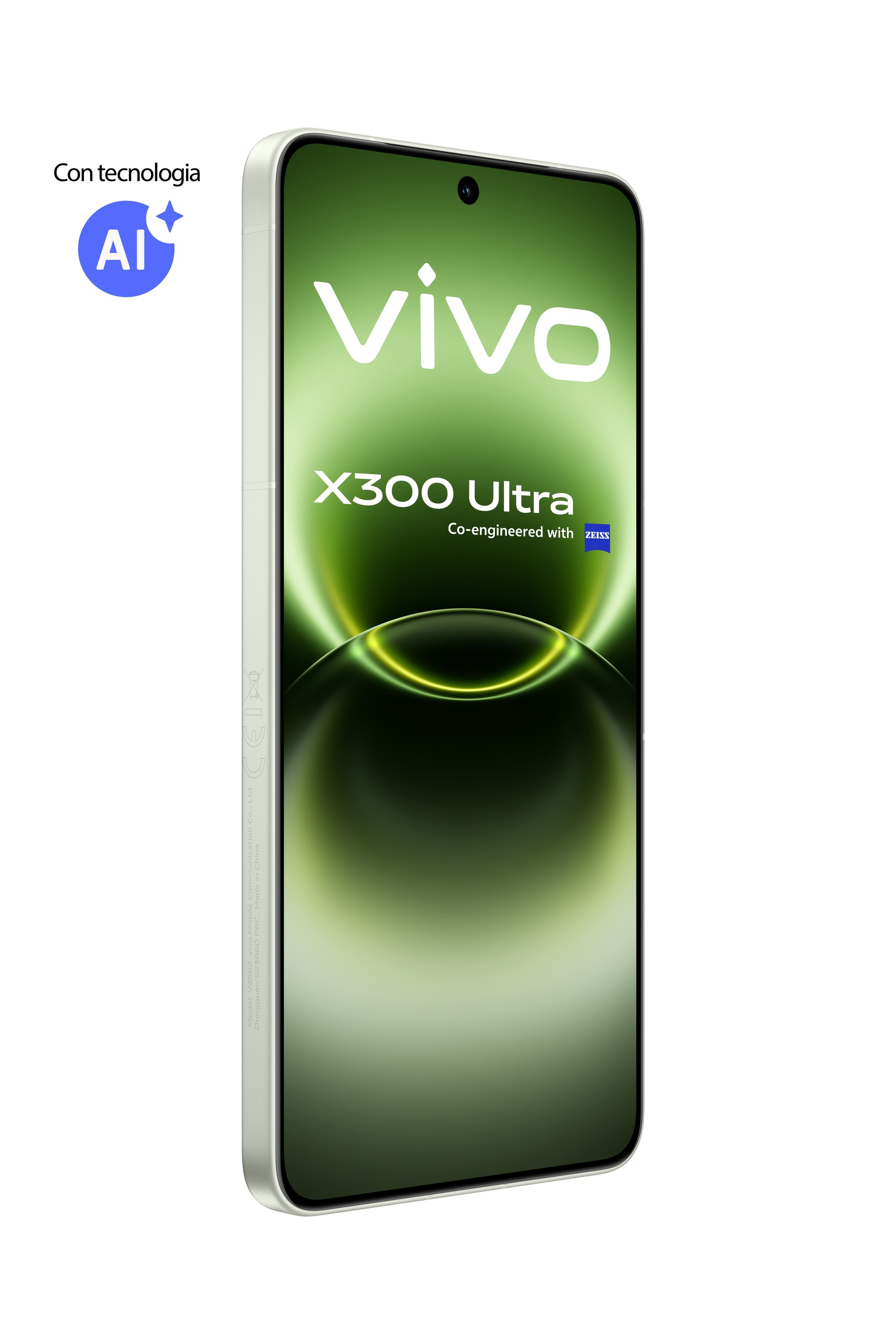 Ein weißes Vivo X300 Ultra Smartphone zeigt einen grünen Bildschirm mit Branding, angewinkelt auf weißem Grund.