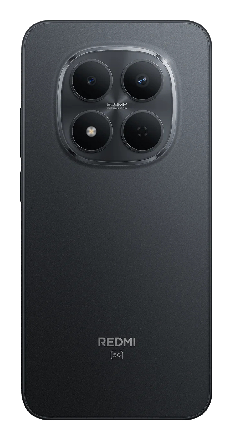 Parte trasera de un smartphone Redmi 5G negro con cuatro lentes de cámara en un módulo cuadrado.