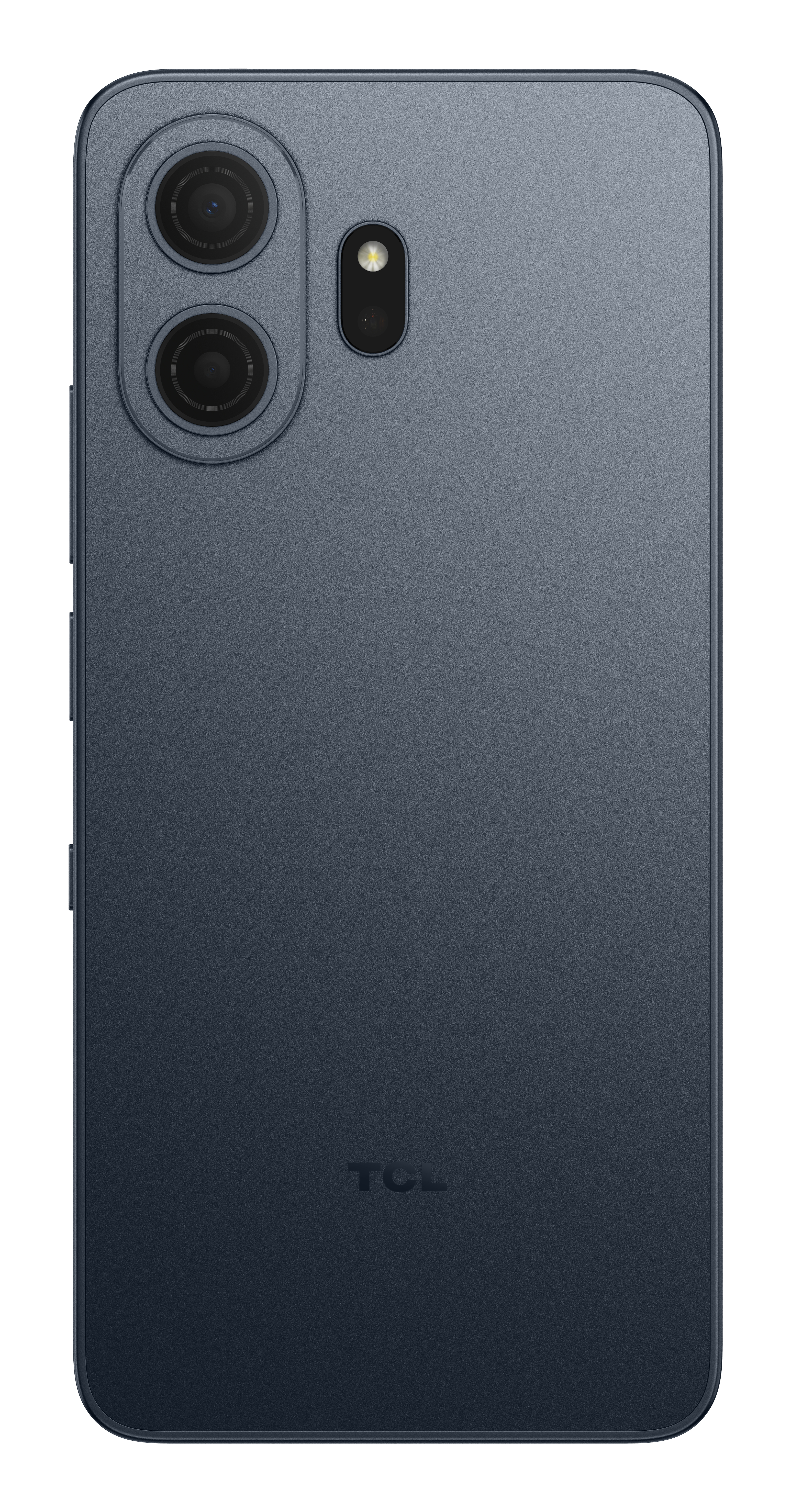 Retro di uno smartphone TCL grigio scuro con modulo a doppia fotocamera, flash e logo TCL in basso.