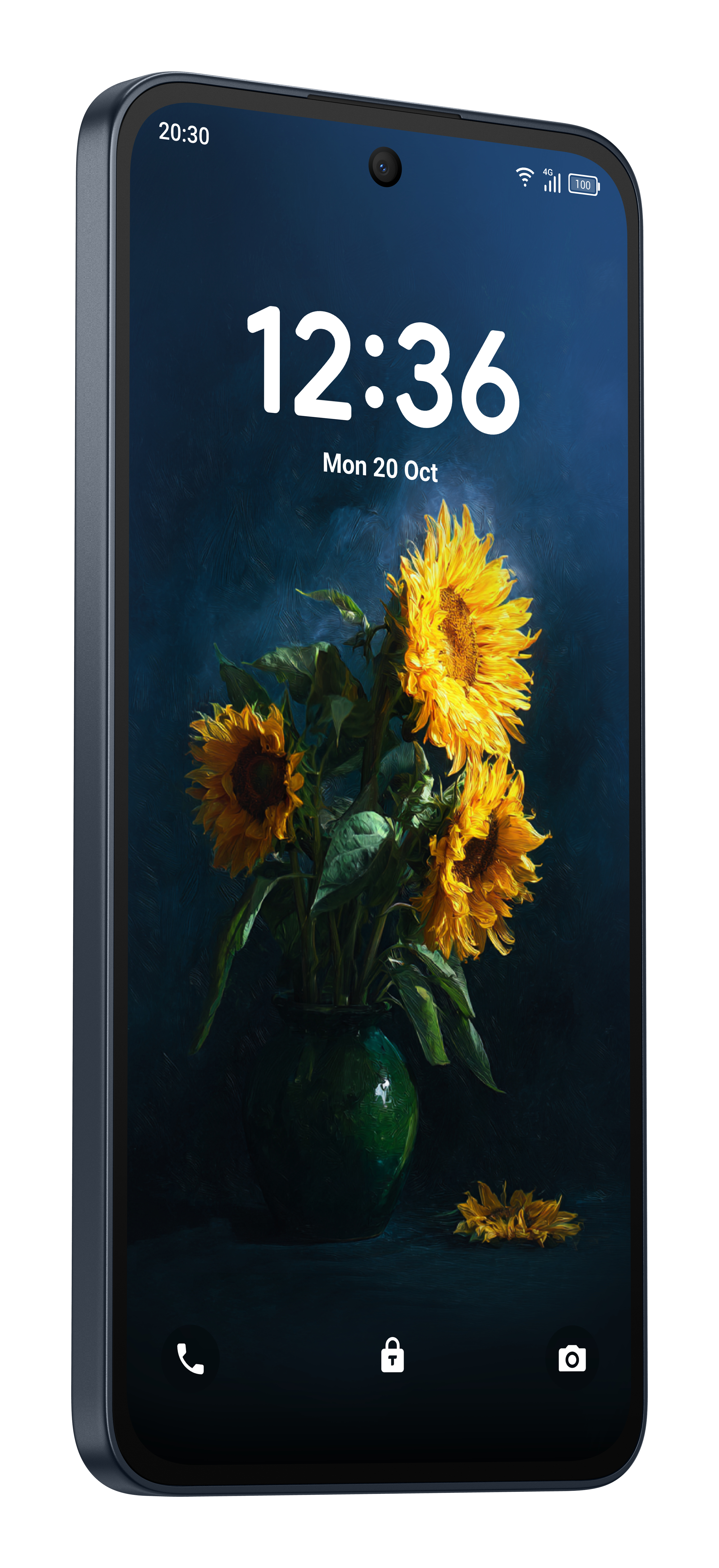 Lo schermo di uno smartphone mostra un dipinto di girasoli in un vaso.