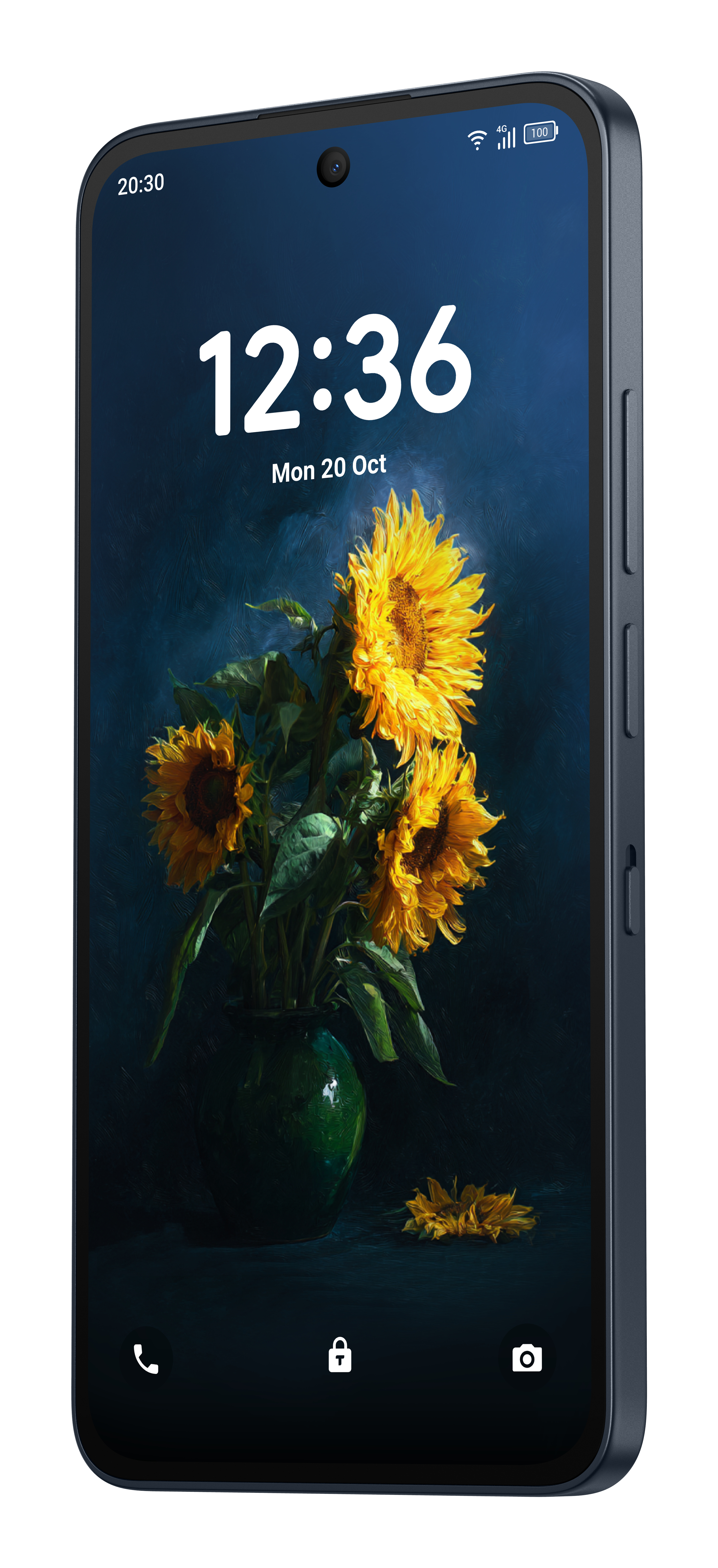 Uno smartphone mostra uno sfondo con girasoli in un vaso su sfondo blu.