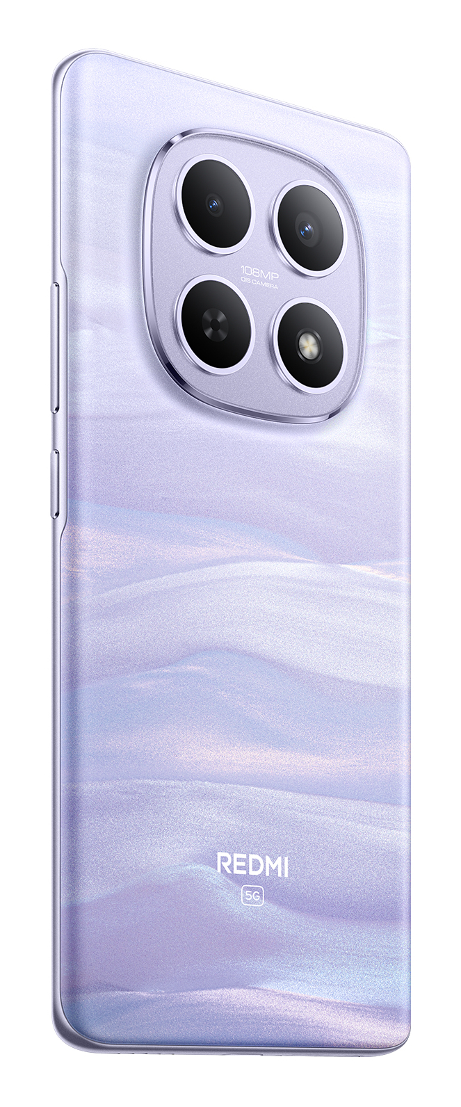 Parte trasera de un smartphone Redmi morado con patrón de mármol y cámara cuádruple cuadrada.