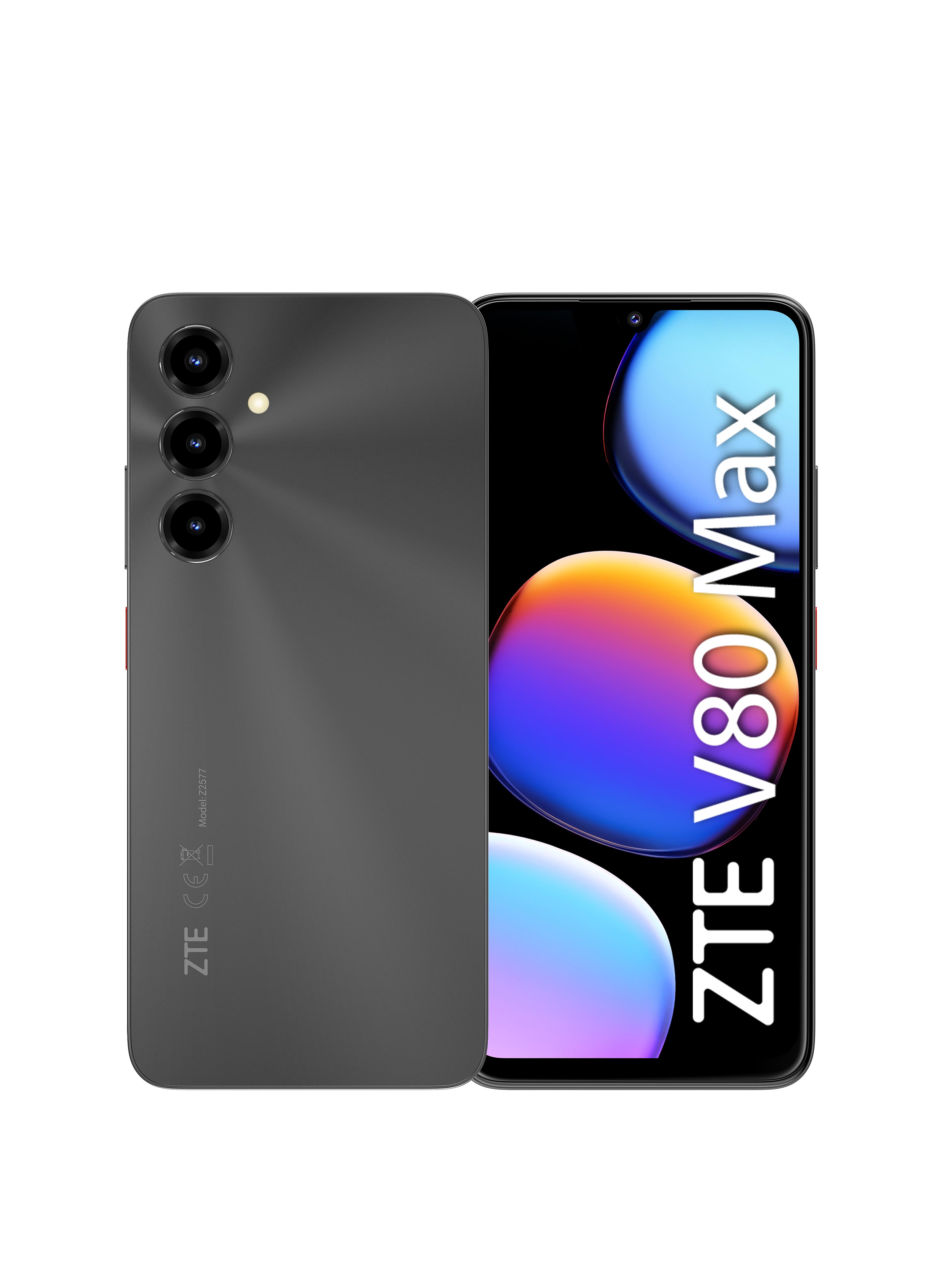 Dwa czarne smartfony ZTE V80 Max pokazują przód i tył z trzema obiektywami aparatów.