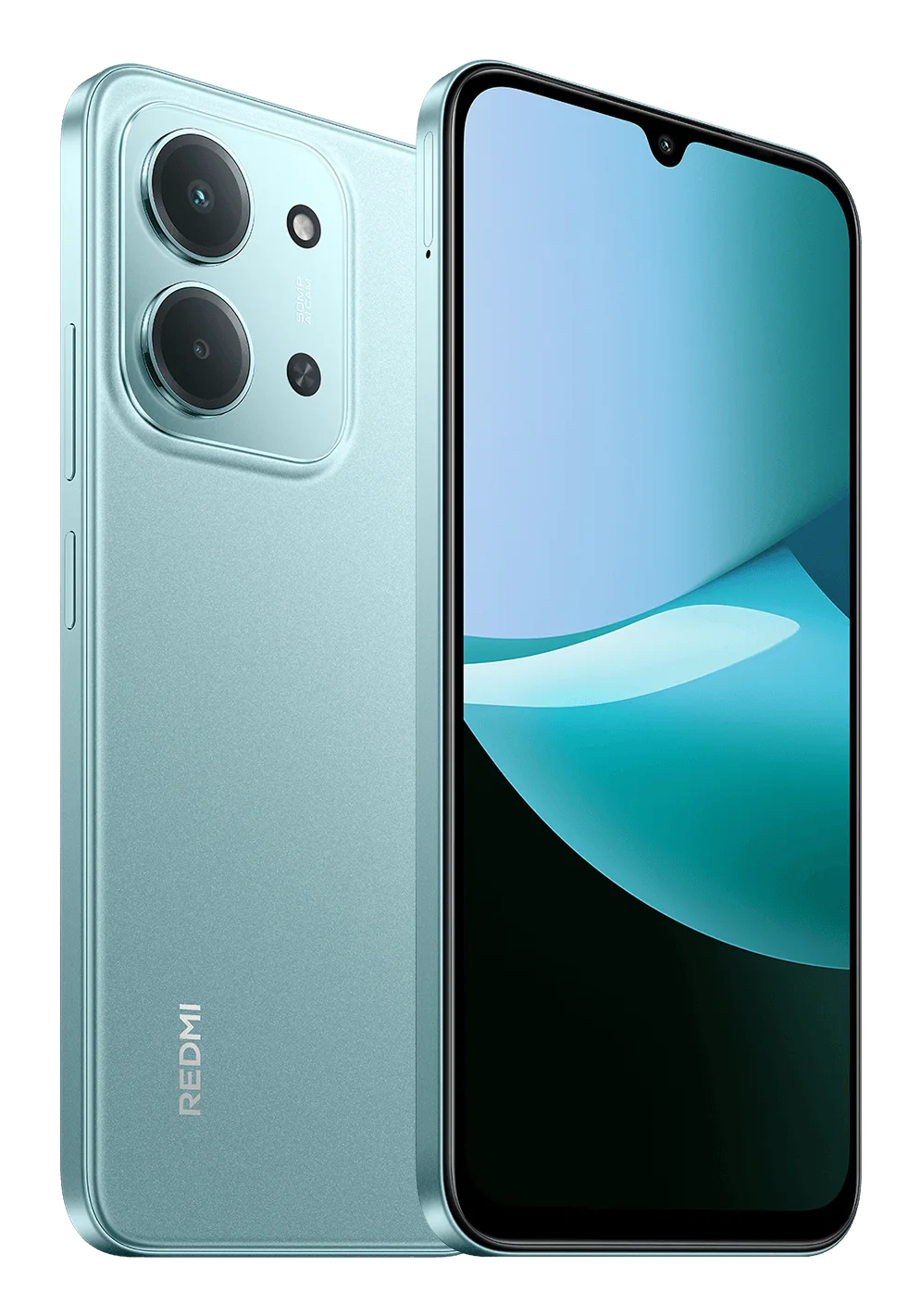 Uno smartphone Redmi azzurro che mostra lo schermo anteriore e il retro con due fotocamere.