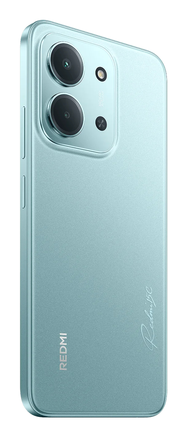 Retro di uno smartphone Redmi azzurro con due obiettivi fotografici verticali e logo del marchio.