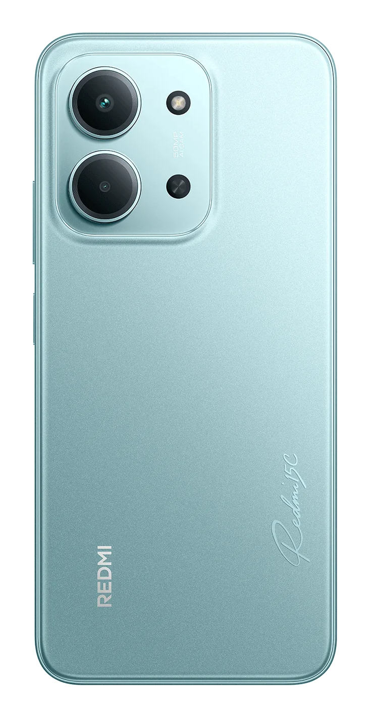 Il retro di uno smartphone Redmi azzurro con due fotocamere verticali in alto a sinistra e loghi del marchio.