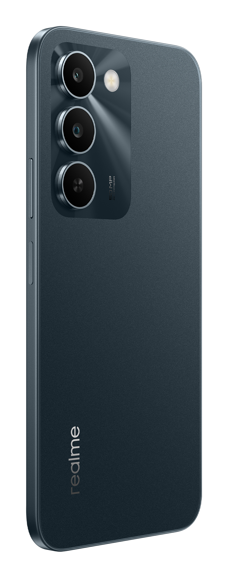 Tył ciemnoszarego smartfona Realme z trzema pionowymi aparatami i logo.