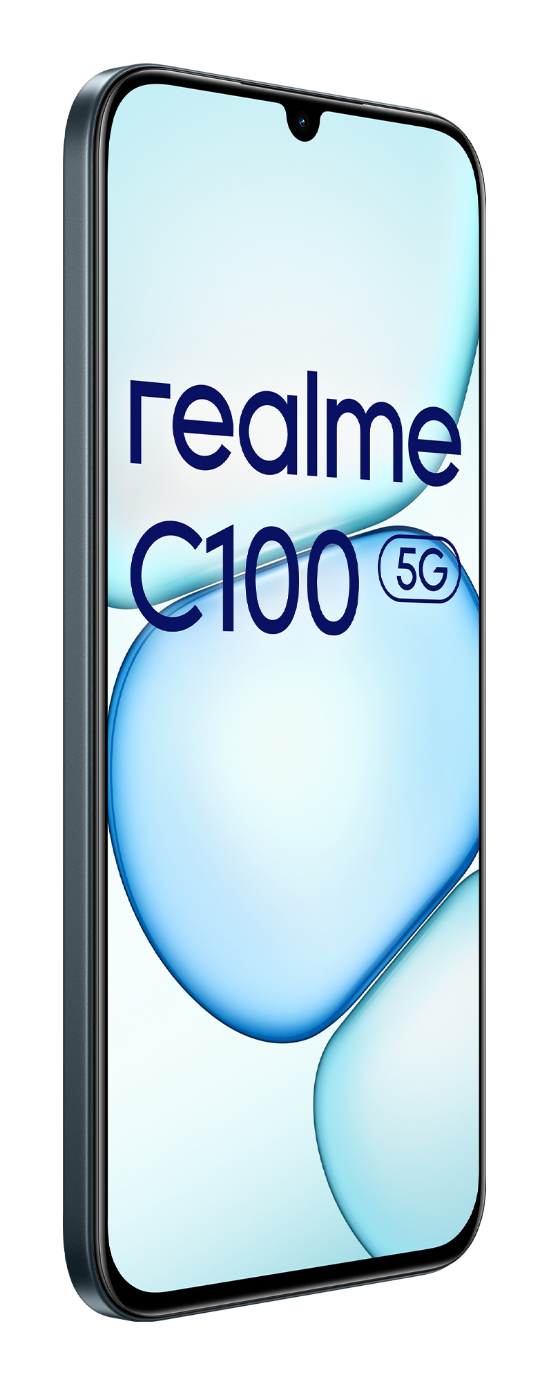 Smartfon z zaokrąglonymi rogami wyświetla napisy realme C100 5G na jasnoniebieskim tle.