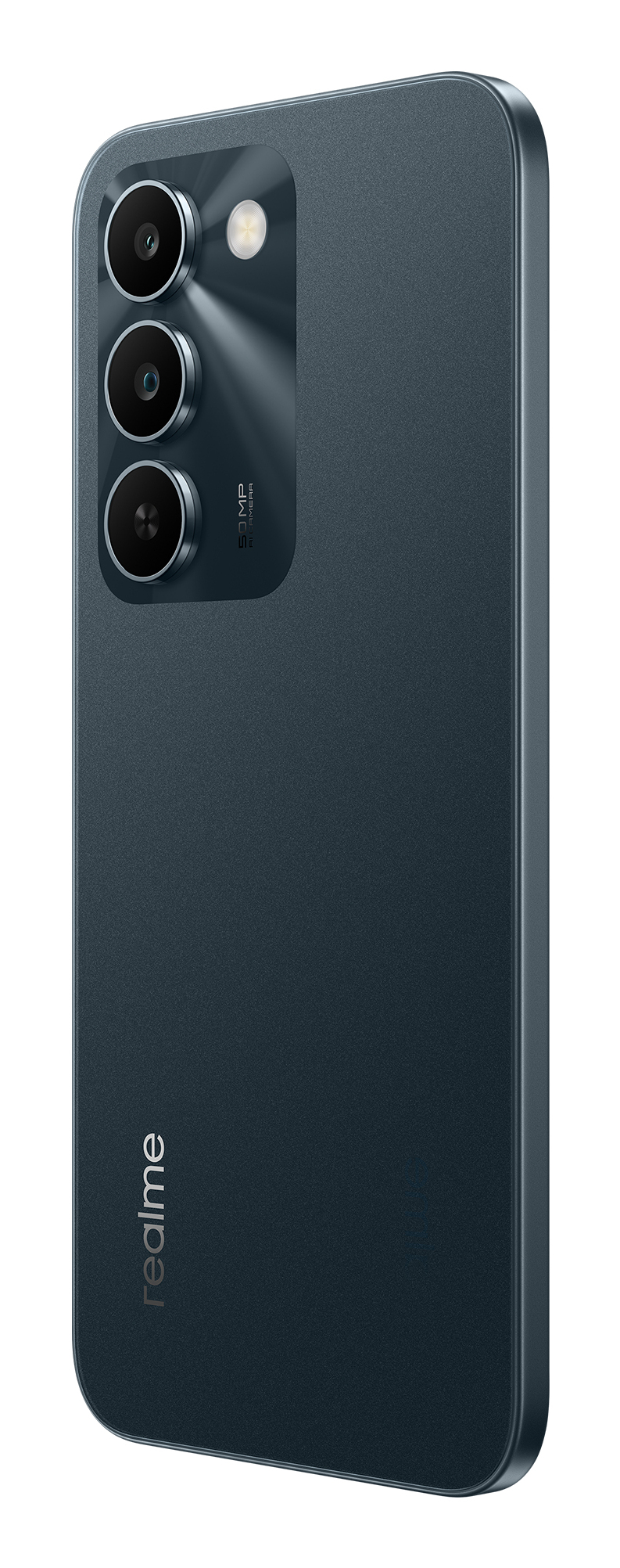 Tył ciemnoszarego smartfona z trzema pionowo ułożonymi obiektywami aparatów i logo Realme.