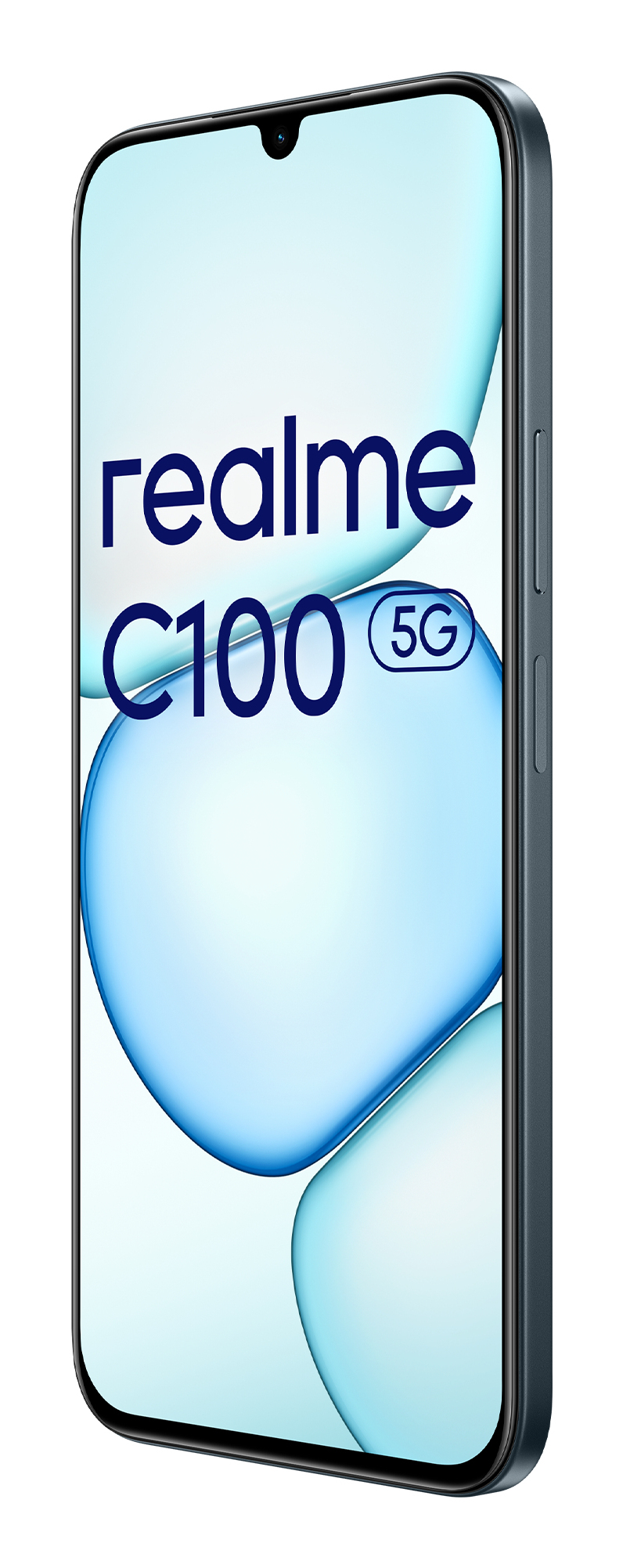 Smartfon wyświetlający napis „realme C100 5G” na ekranie na jasnym tle.