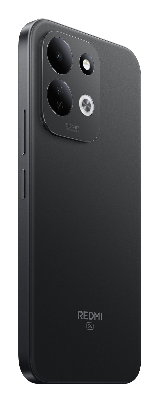 Rückseite eines schwarzen Redmi 5G Smartphones mit Dual-Kamera und Redmi-Logo auf hellem Hintergrund.