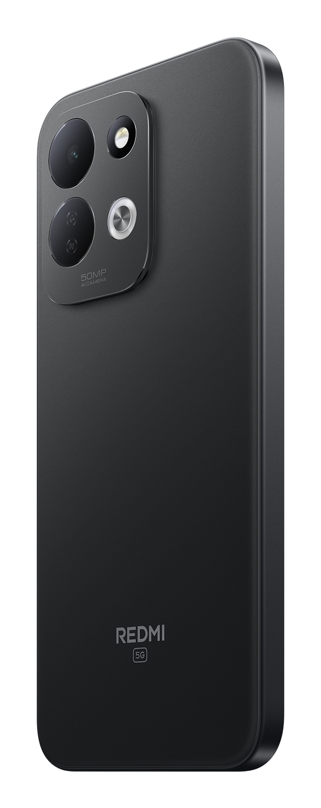 Rückseite eines schwarzen Redmi 5G Smartphones mit Dualkamera und Blitz in einer quadratischen Modul.