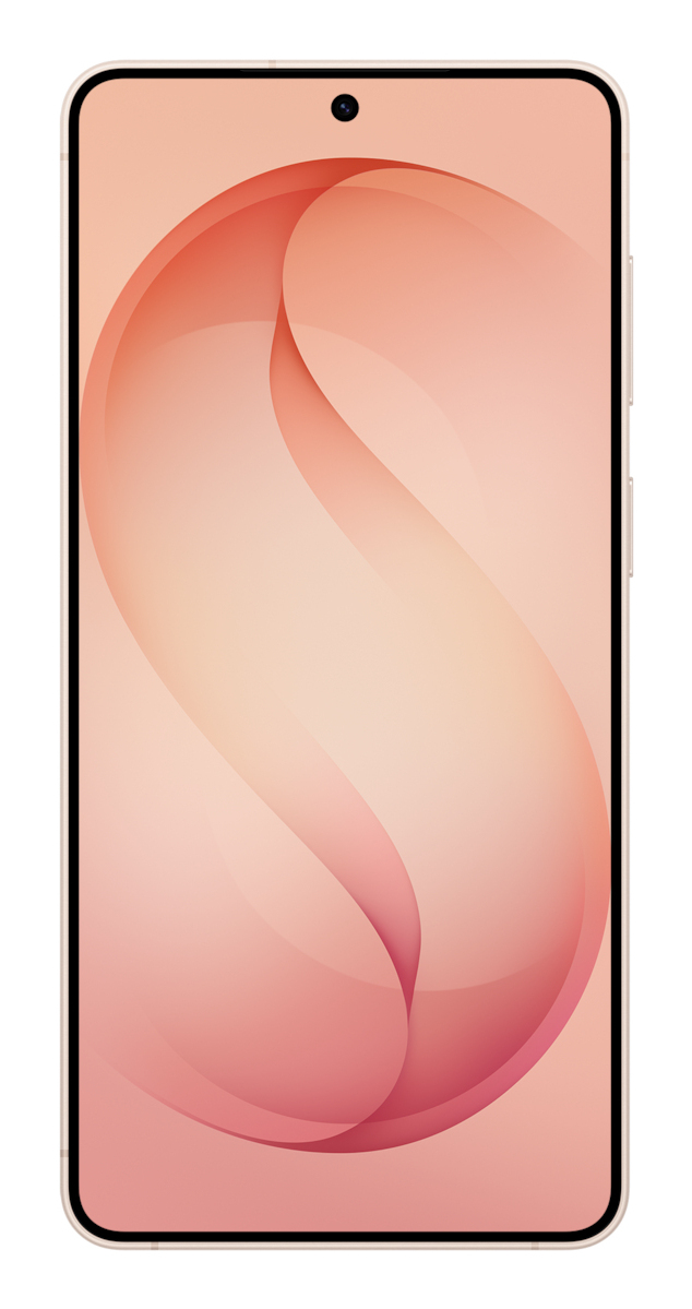 Ein Smartphone mit dünnem Rahmen und einem rosa geschwungenen abstrakten Hintergrundbild.