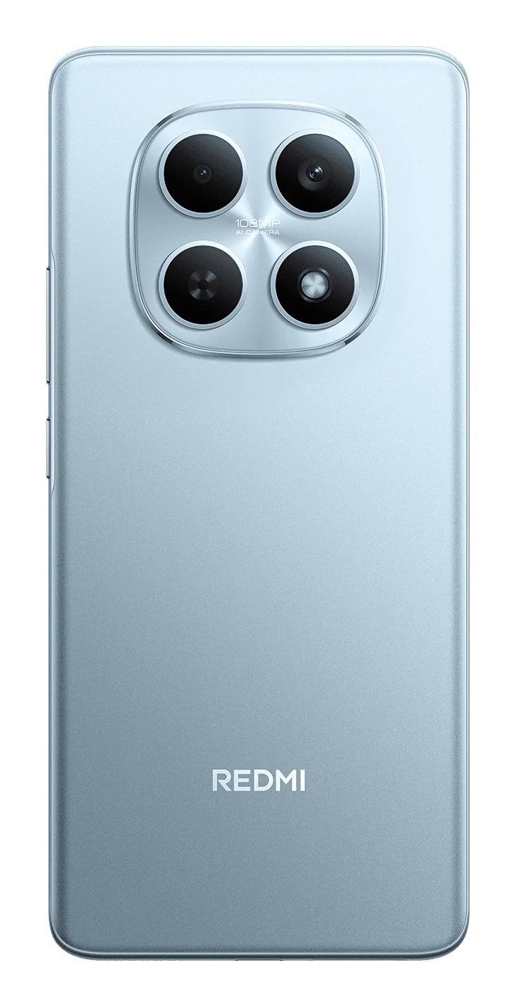 Il retro di uno smartphone Redmi azzurro con un modulo a quattro fotocamere quadrato e il logo Redmi.