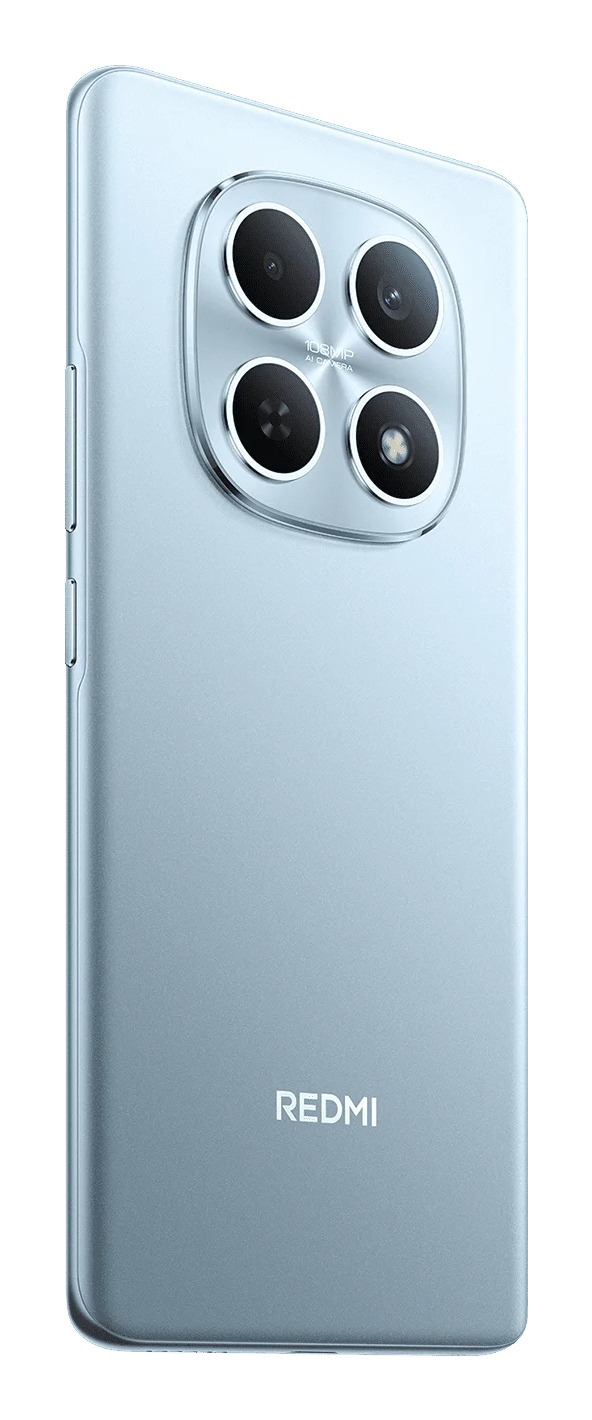 Retro di uno smartphone Redmi azzurro con un modulo fotocamera quadrato argentato con quattro obiettivi in alto.