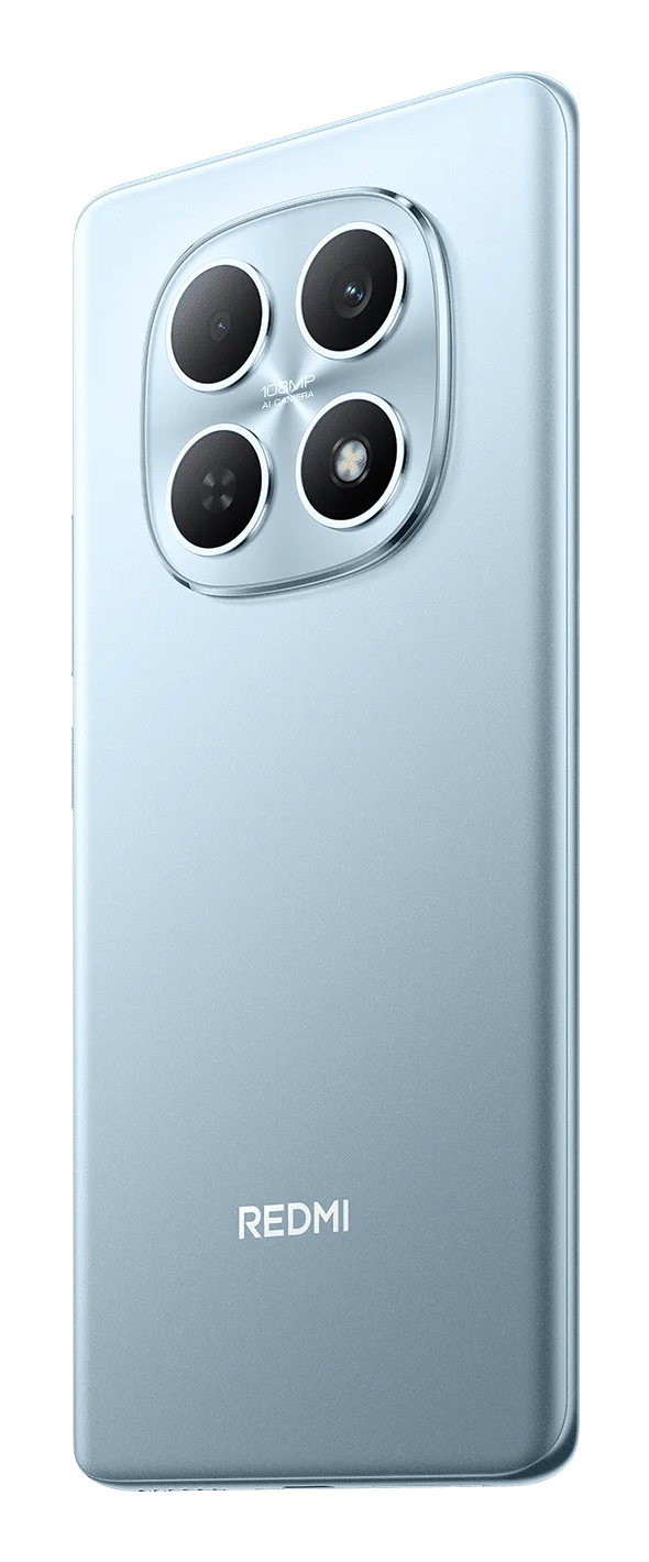 Retro di uno smartphone Redmi azzurro con quattro obiettivi fotografici in un modulo quadrato.